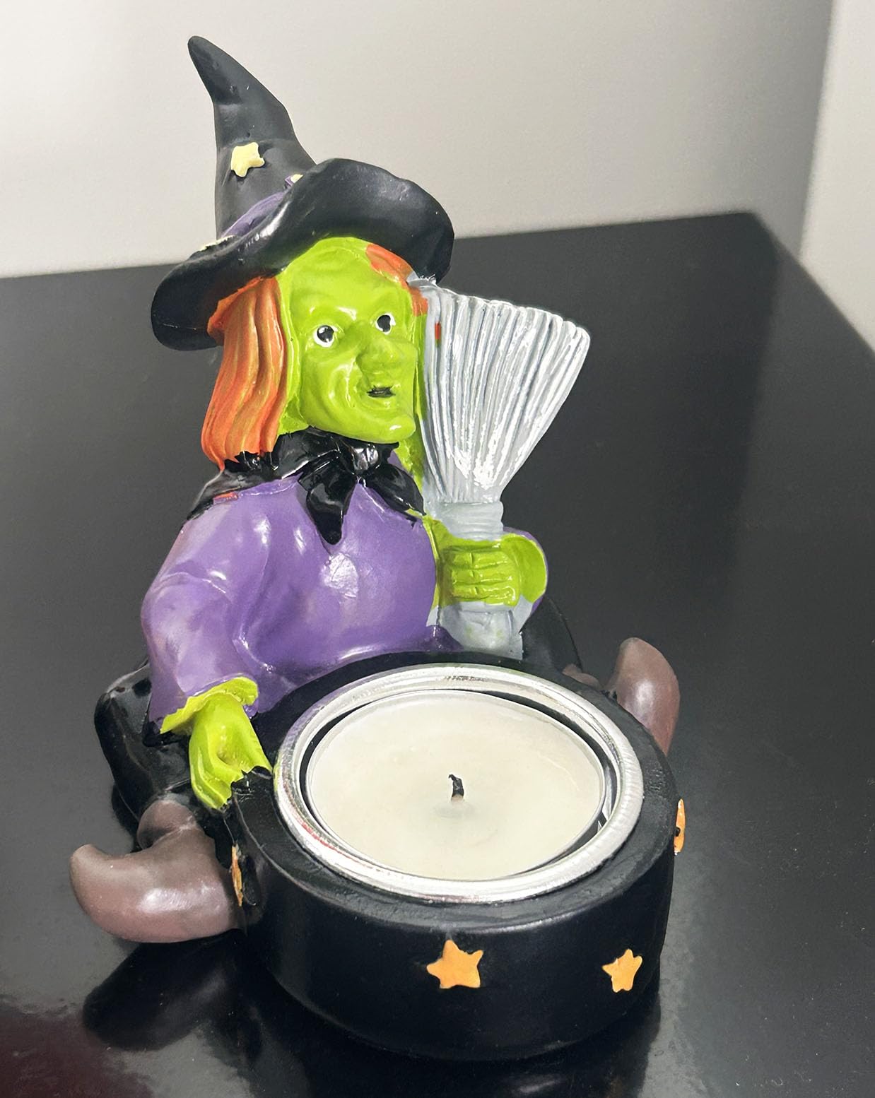 Halloween Candle Holder Spooky Witch with Broom Tealight Candle Holder Scary Halloween Decorations - Skeleton Skull Candle Holder for Bedroom Living Room Mantel Shelf Tabletop Décor