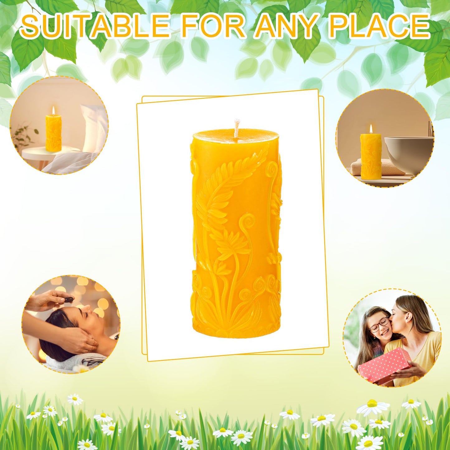 Conelist 2 Pcs Beeswax Pillar Candles Yellow Pillar Candles with Floral Carved 4.6x2.1 Inch 100% Natural Beeswax, Long Burning Gift Wedding Home Decor