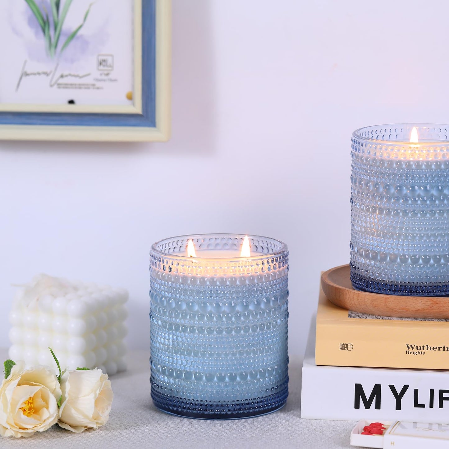 DARJEN 8 Pack Blue Candle Jars for Making Candles- 14 OZ Empty Glass Candle Making Jars with Bamboo Lids and Labels, Candle Making Supplies Candle Containers for DIY Gifts