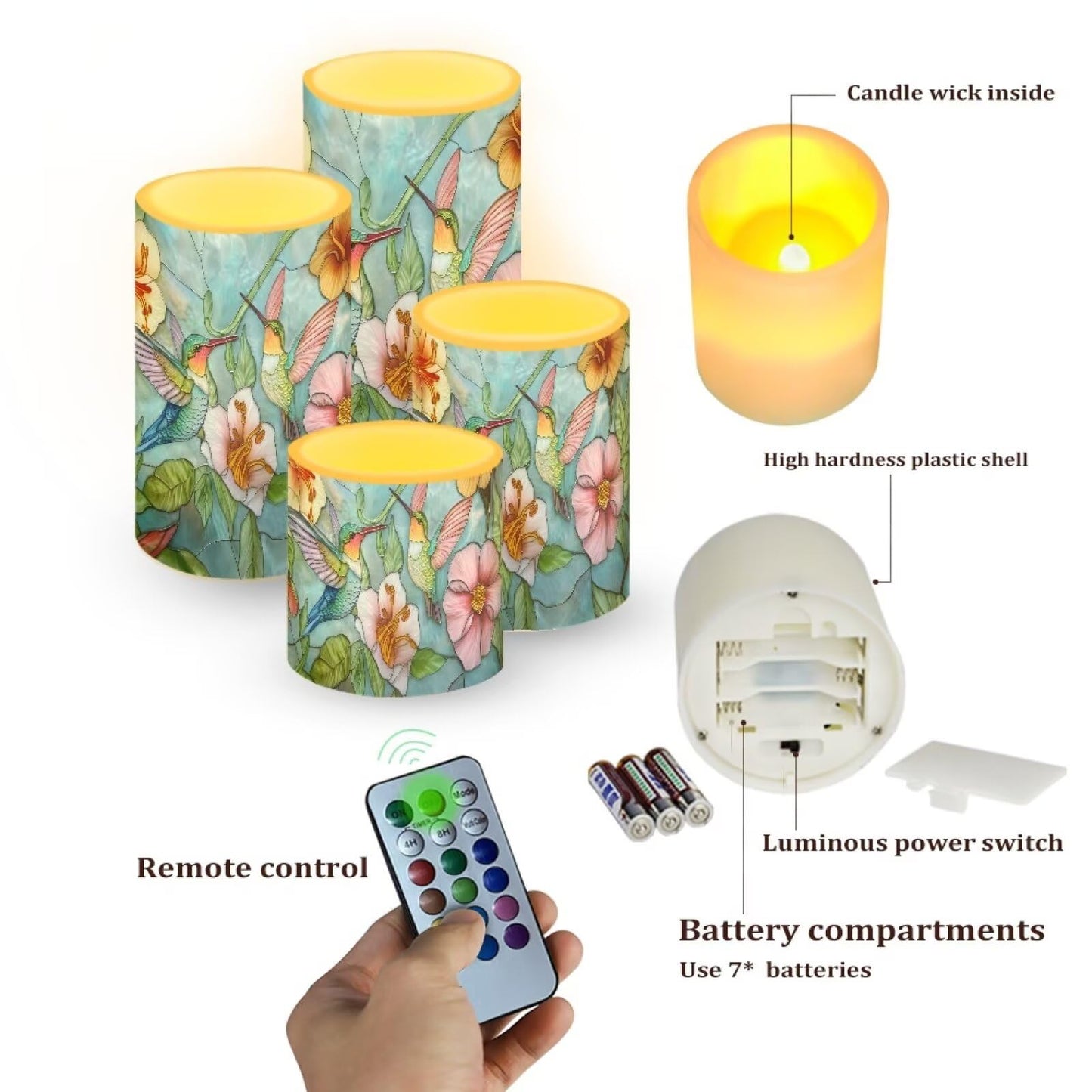 Cozeyat Floral Hummingbird LED Candles Set of 4 Battery Powered Flameless with Remote Timer Flickering Waterproof for Wedding Birthday Valentine Home Table