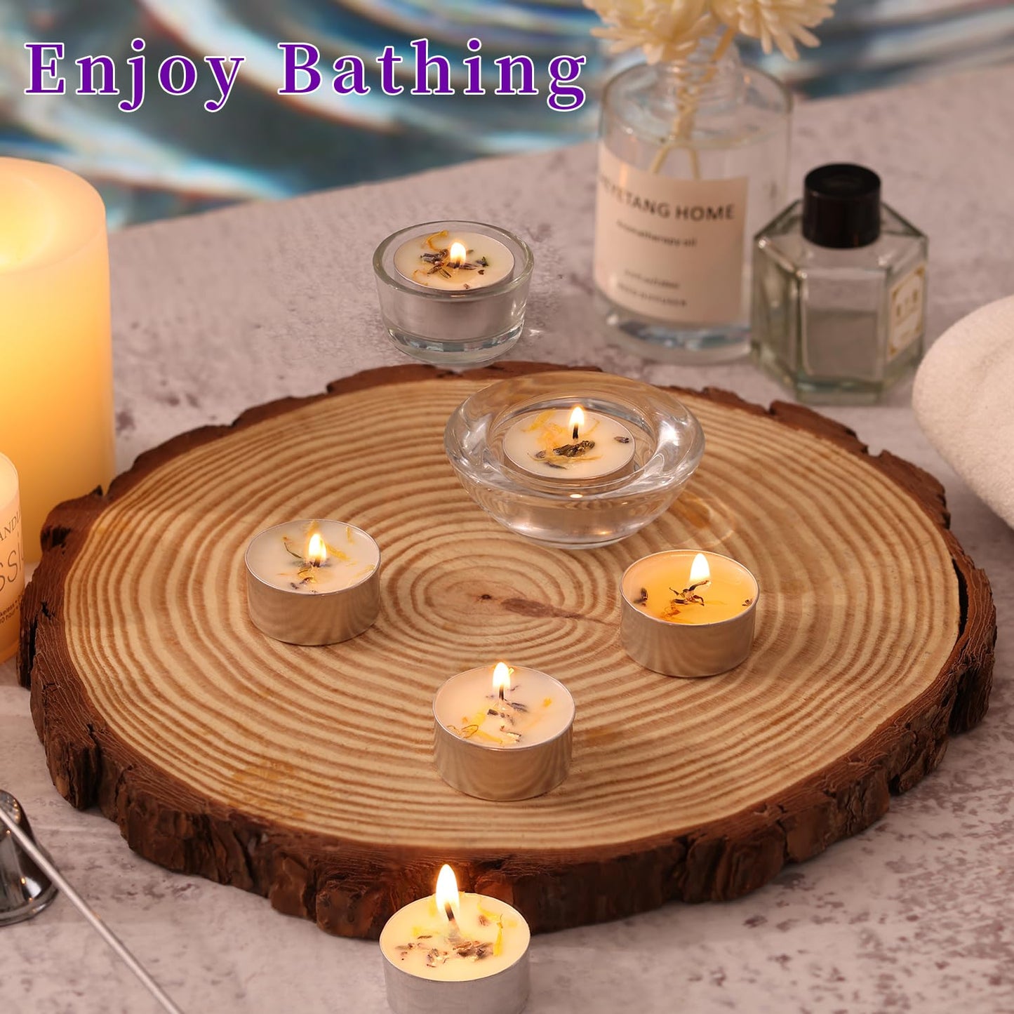 8 Pcs Lavender Scented Tealight Candles, 6H Long Burning - 100% Palm Wax Based Scented Tea Lights with Dried Flowers, Non-Toxic/Smokeless Tea Lights Candles for Spa, Bath, Wedding