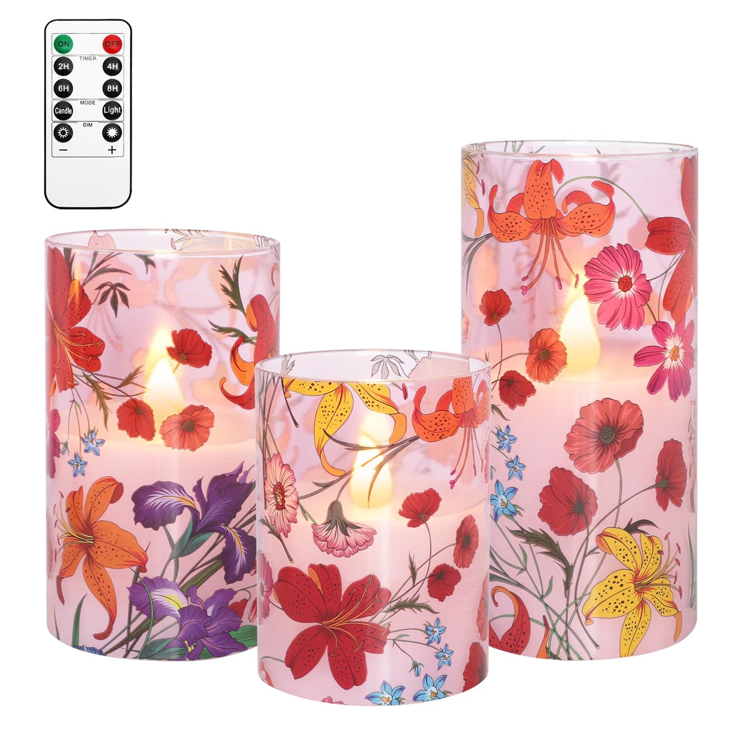 Impress Life Floral Flameless Candles with Remote, 3PCS Battery Operated LED Pillar Candles, Flickering Real Wax Glass Candles for Spring Decor Home Wedding Table Centerpiece Gift