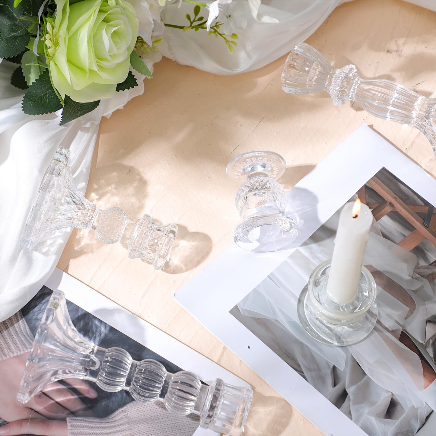 Mumufy 18 Pcs Glass Crystal Taper Candle Holders Clear Glass Candlestick Holder Fit 0.8 Inch Candles Crystal Decorative Candlestick Stand Centerpiece for Table Wedding Dining Party