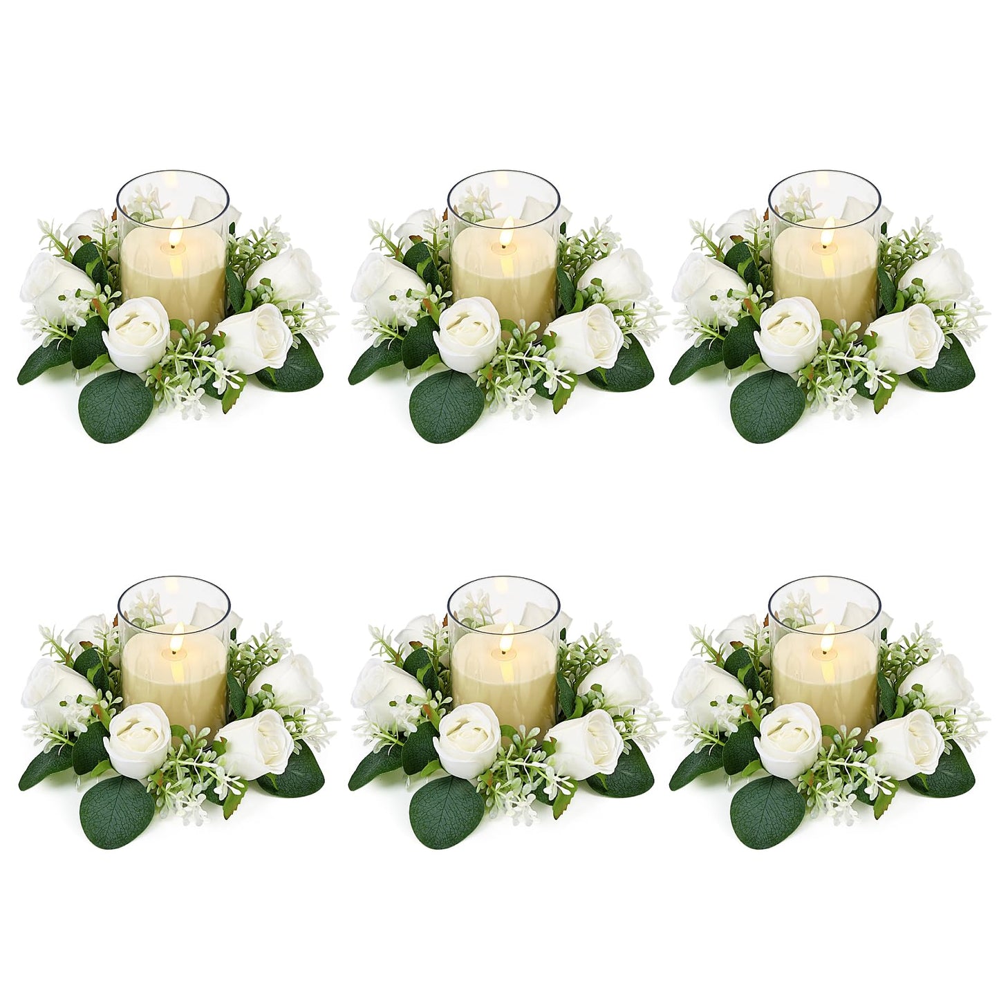 Acmee White Rose Candle Rings with Flameless Candles Sets - 12PCS Artificial Flower Eucalyptus Wedding Centerpiece 3 Inch Pillar Candleholders Wreaths for Wedding Party Decor (White - 6 Sets)