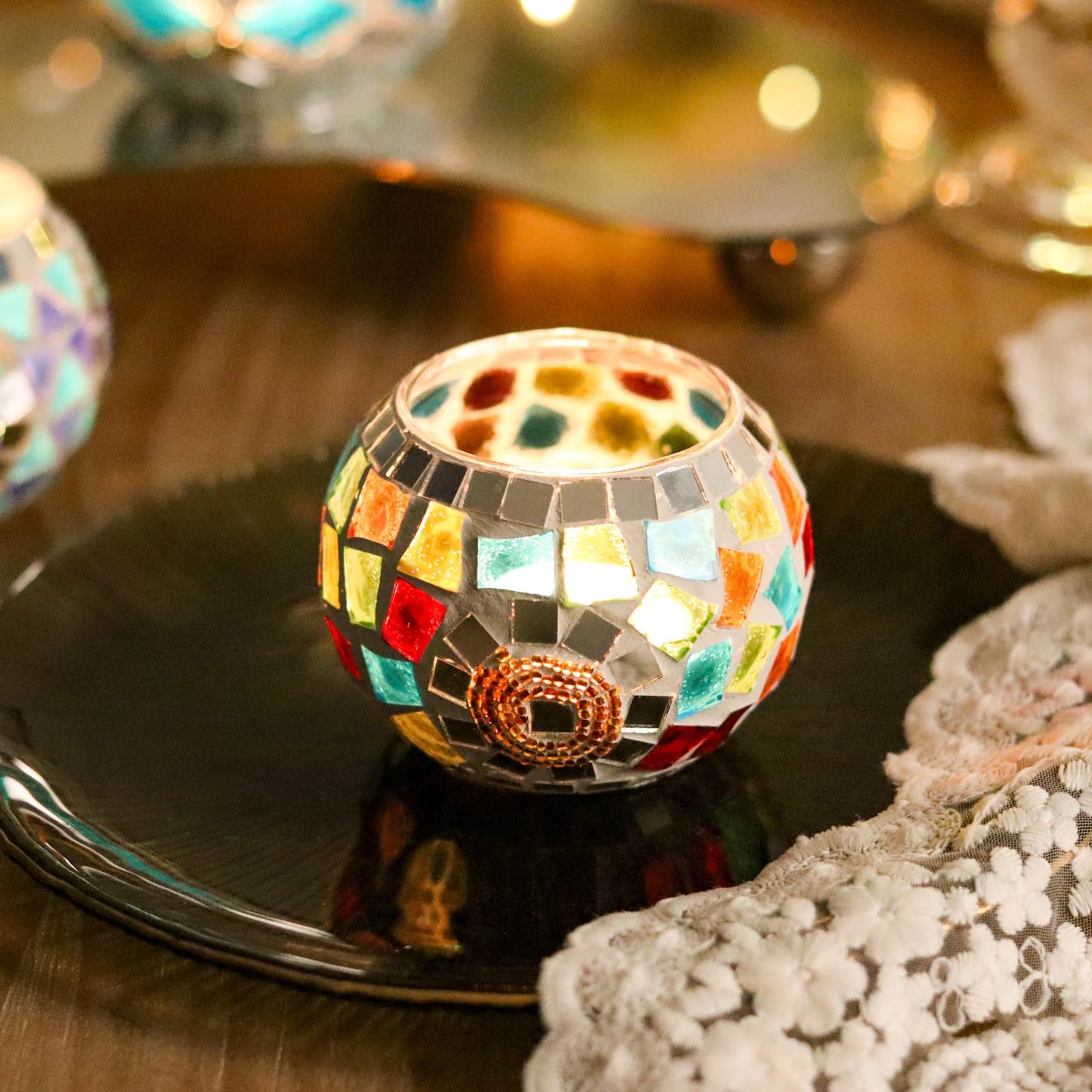 4PCS Mosaic Tealight Candle Holder Set - Blue Mediterranean Glass Votive Candle Holder for Summer Ocean Decor & Diwali Decorationr & Diwali Gift