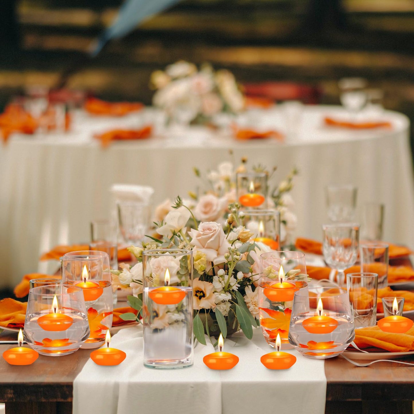 Nuanchu 30 Pcs Orange Floating Candles Centerpieces Bulk 1.5 Inch Small Unscented Votive Floating Candles Decoration for Wedding Party Anniversary Holiday Party Gifts Home Pool Decor