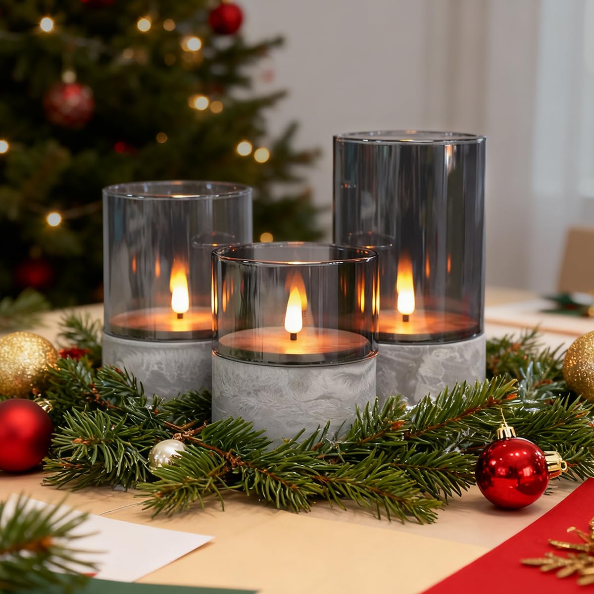LEDHOLYT Rechargeable Marble Flameless Candles, Gray Glass LED Pillar Candle with Remote & Timer,Decorative Candles for Living Room, Bedroom, Holiday Décor & Gifts for Women,Set of 3