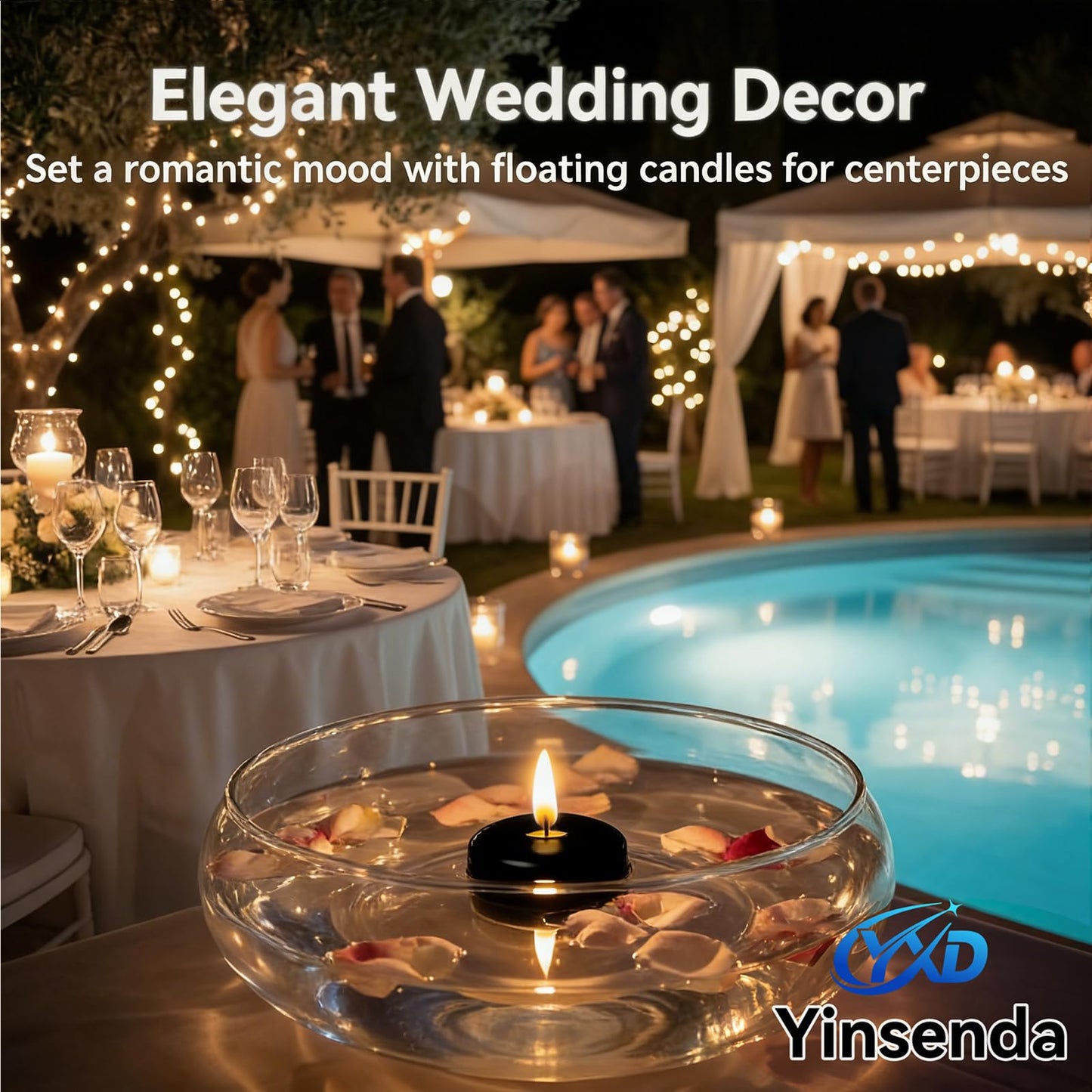 Yinsenda 12 Pack Black Floating Candles - 3 Inch Unscented Round Candles, 7-9 Hrs Long Burning for Cylinder Vases, Wedding Centerpieces, Parties & Bath Décor