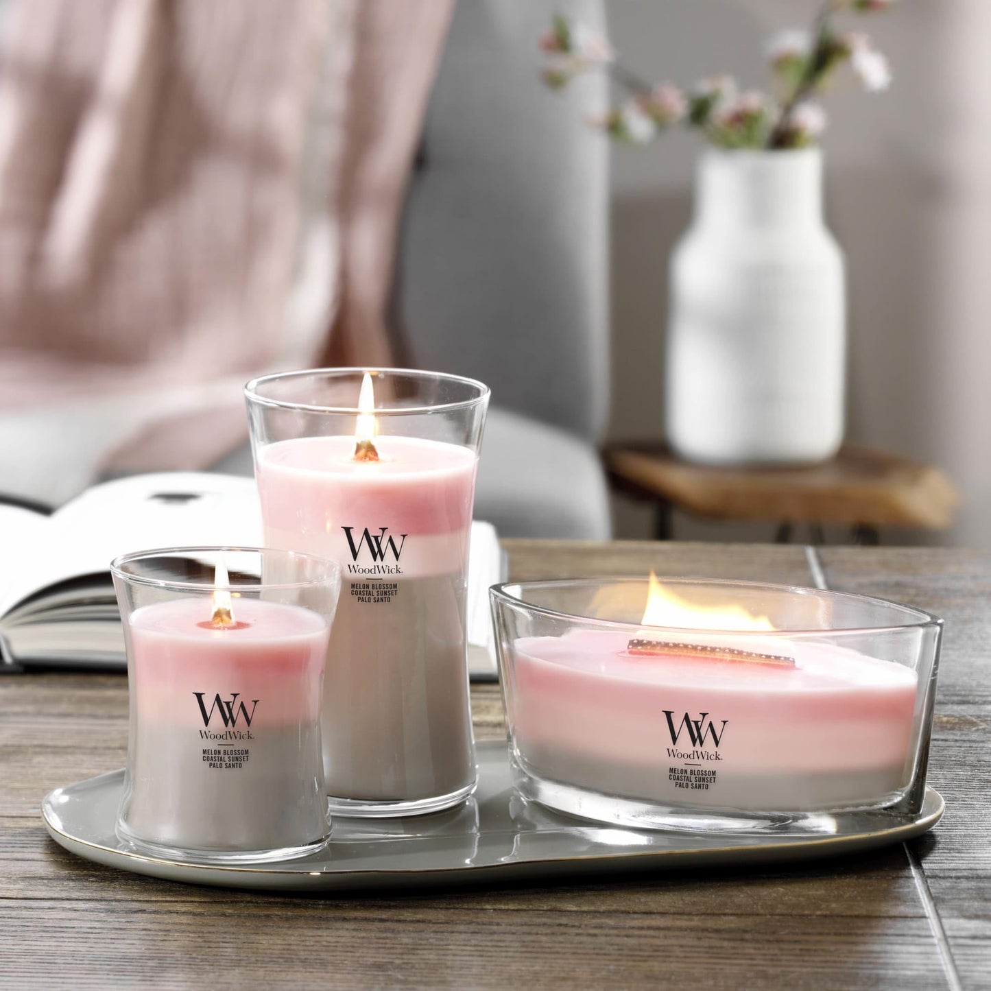 WoodWick Shoreline Trilogy Gifts for Women and Men, 9.7 oz Medium Hourglass Trilogy Candle with Crackling Wick