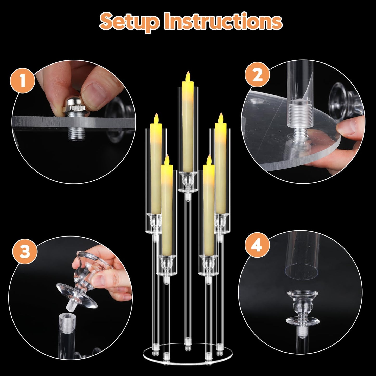 Cheloment 4 Sets 5 Arms Acrylic Candelabra Centerpieces for Tables, 27" Clear Candle Holder for Wedding Dinner Party and Home Decor,Candlesticks Holder with LED Candles