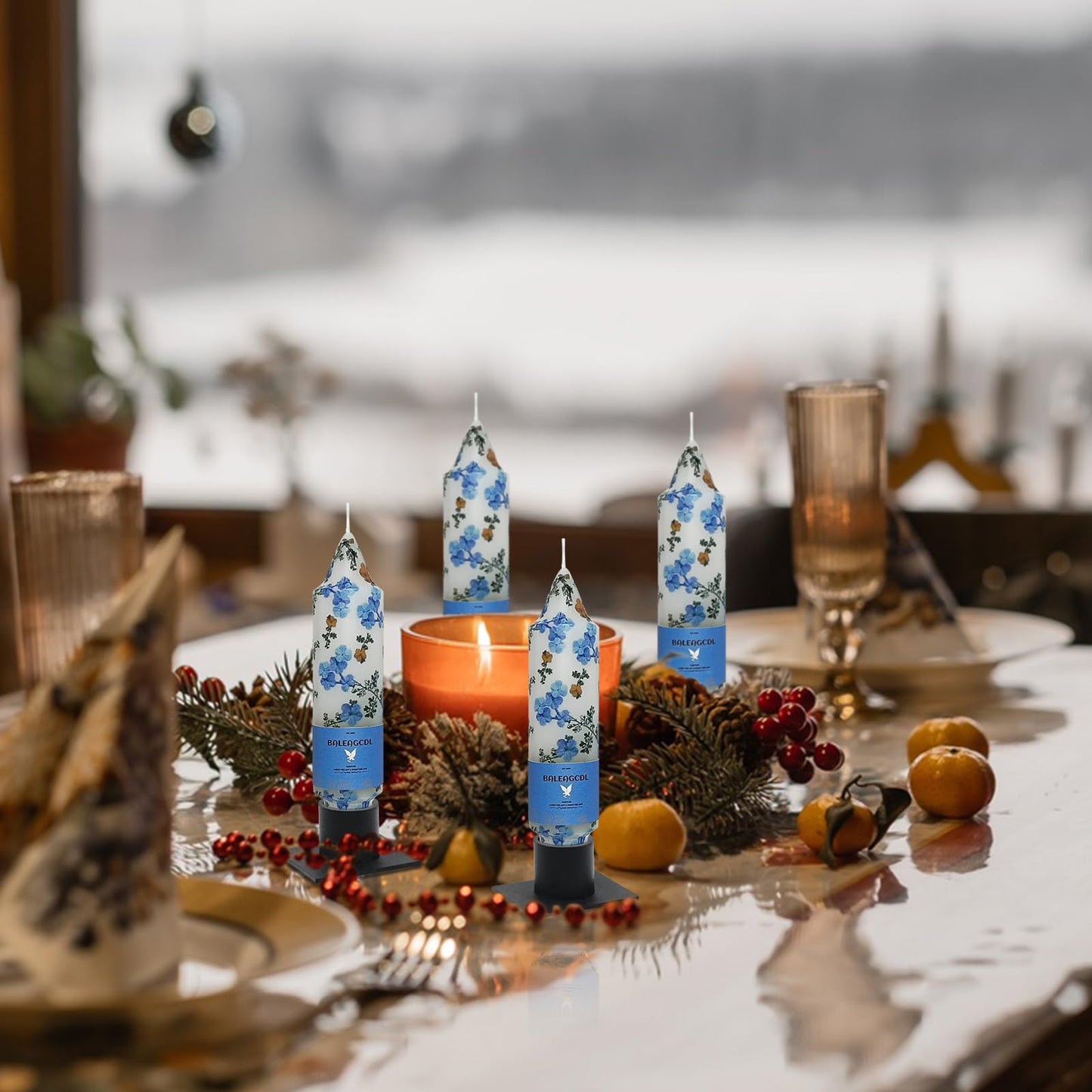 Print Taper Candle Forget-me-not Floral Short Candles Handmade Unscented Candlesticks 5 Inch Smokelss Candle Sticks for Holiday Decor Gifts Set of 4