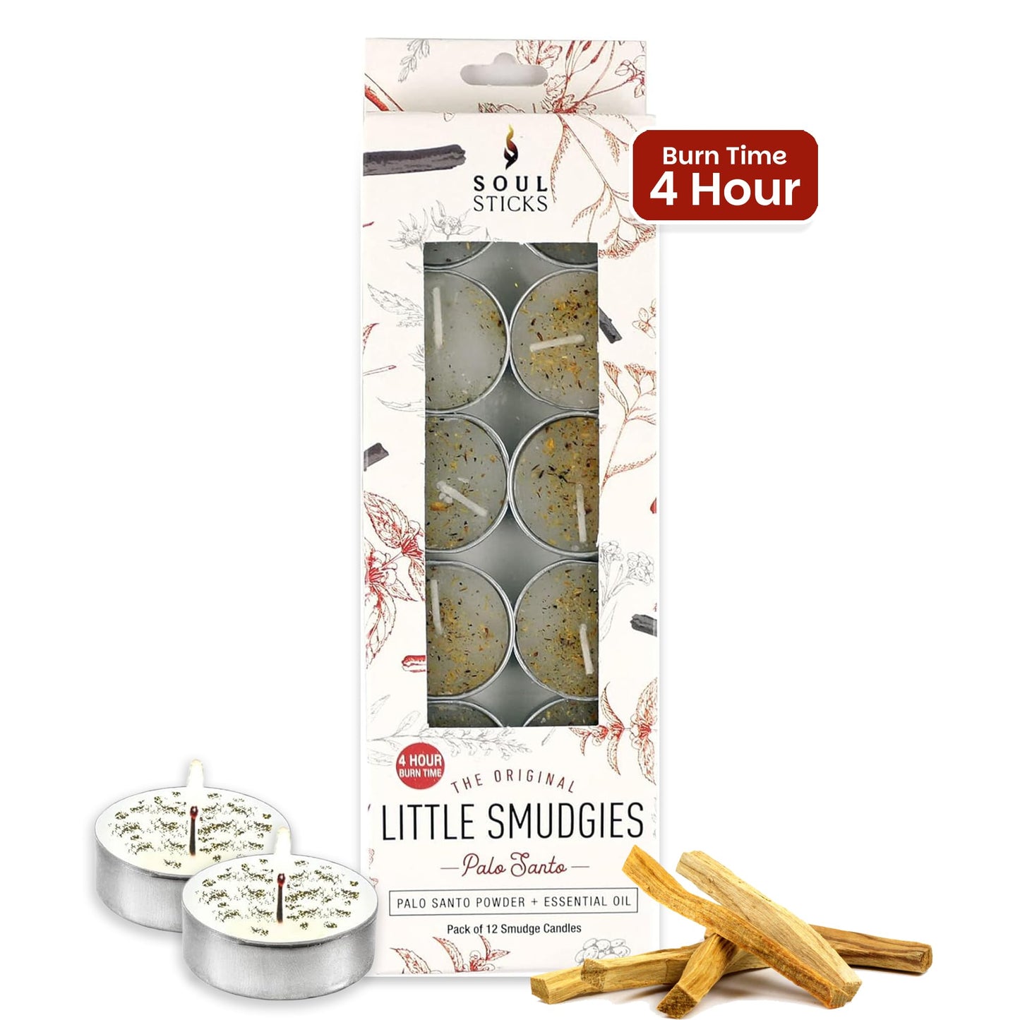 SOUL STICKS 12 Pack Little Smudgies Tealight Candles Smudge Candle for Cleansing House, Meditation, Chakra Healing | Made with Crystals and Herbs (Palo Santo)