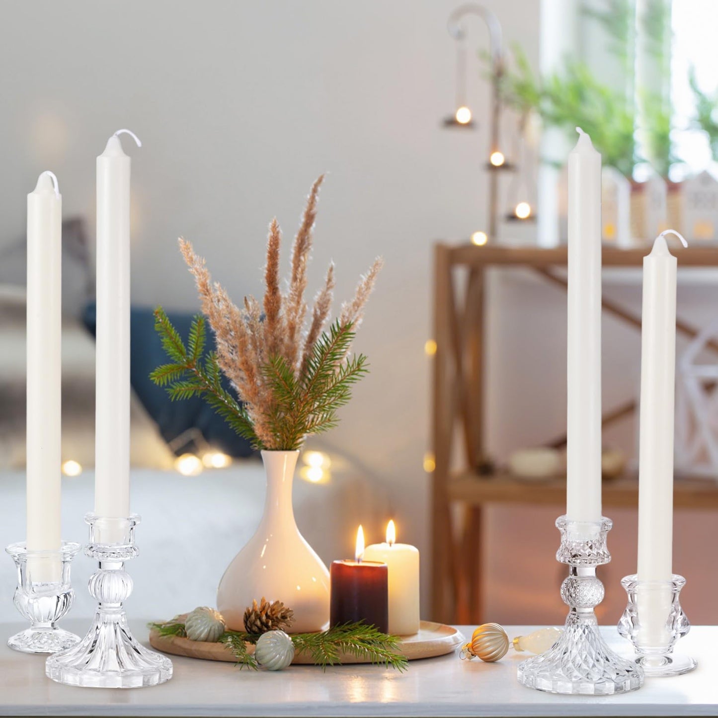 Mumufy 20 Sets Glass Crystal Taper Candle Holders Stand Centerpiece Bulk with 10 in Taper Candles Sticks Clear Decorations Table Wedding Dining Party (Transparent)