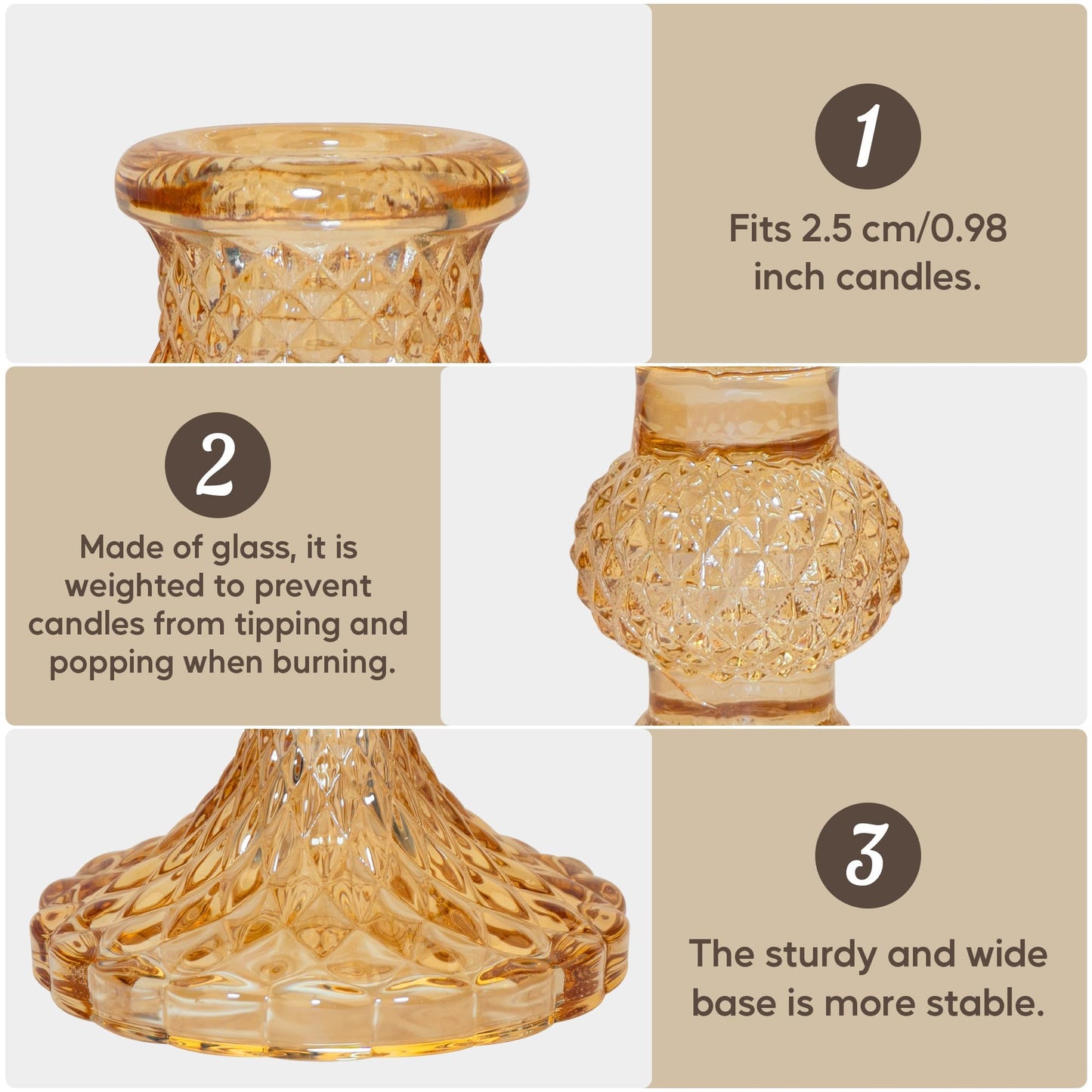 Crystal Glass Candlestick Holder Taper and Pillar Candle Holder Desktop Decoration for Wedding Dinning Party-3 pcs