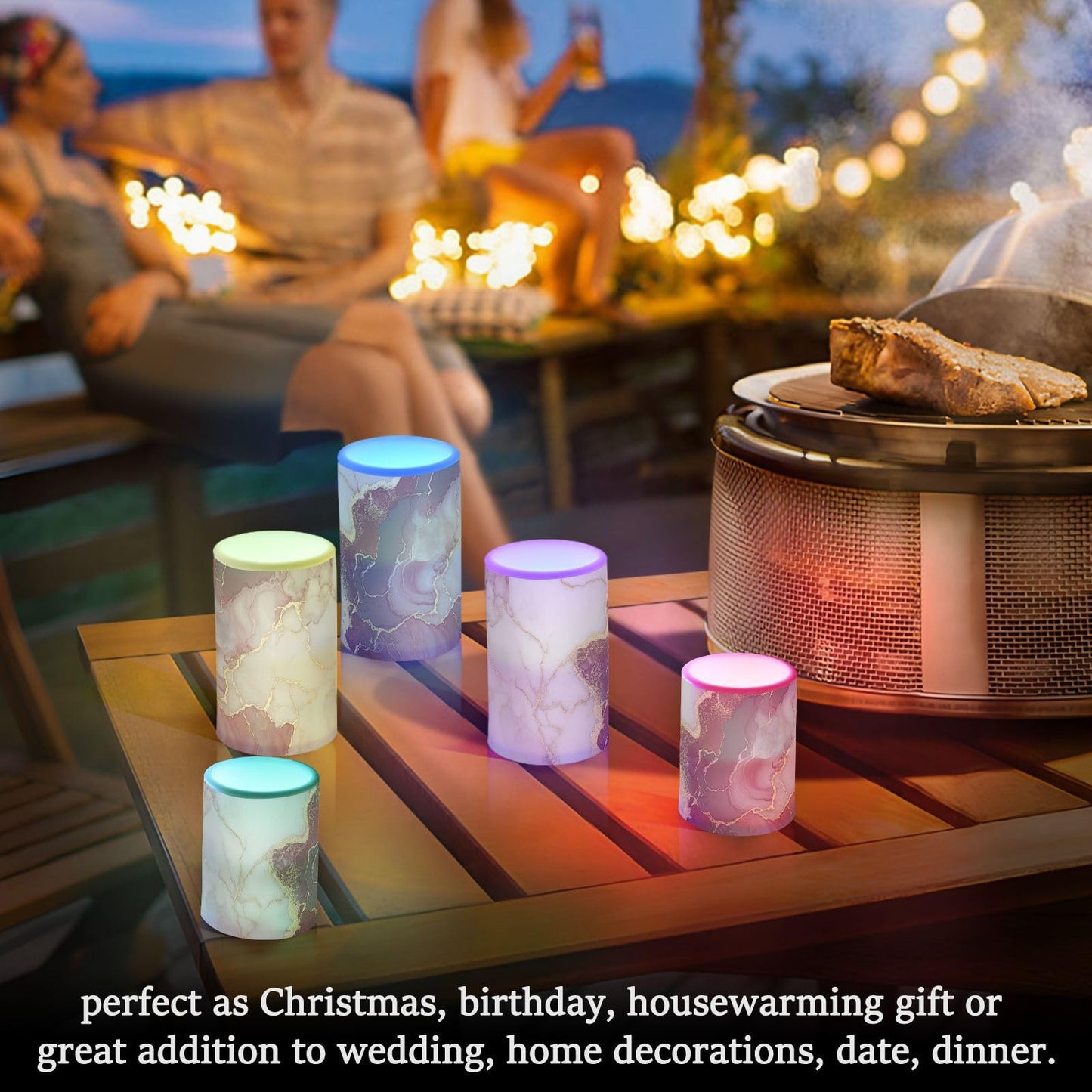 famyily Marble Burgundy White Flameless Flickering Candles Flameless Candles Set with Batteries for Dining Room Table 4" 5" Set of 2