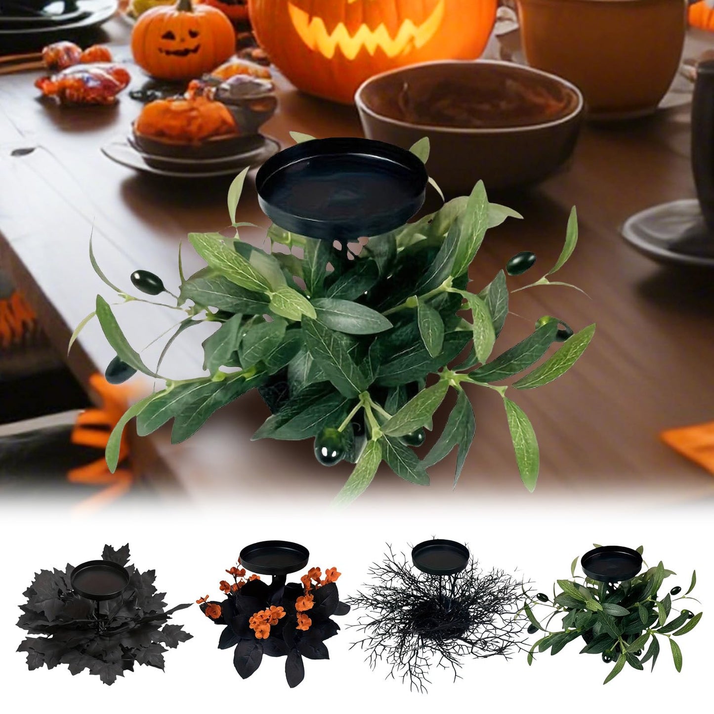 Mini Halloween Wreaths with Plastic Candle Holder, 5.5" Artificial Black Maple Leaves Candle Wreath Floral Twig Candleholder Wreath for Table Centerpieces Decorations