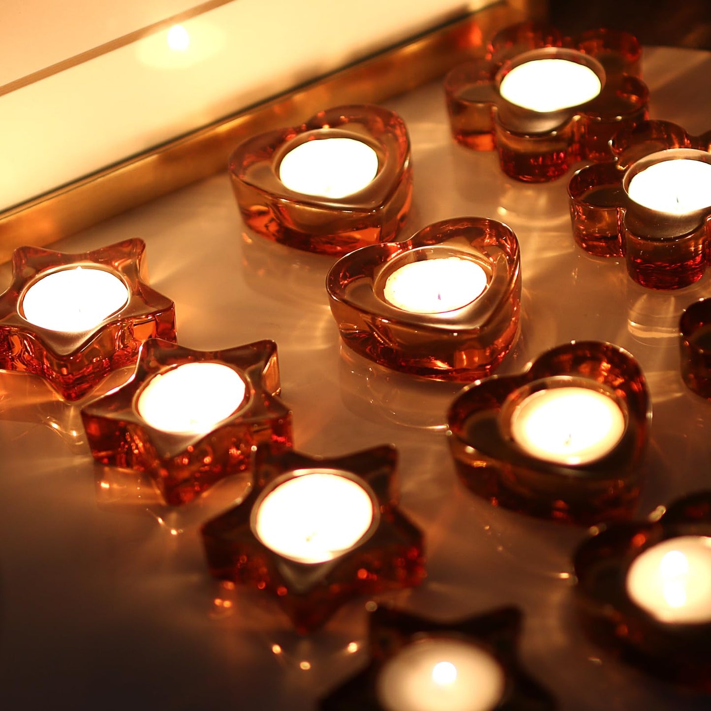 Votive Candle Holders Set of 12 for Table Centerpiece(3 Sizes,Heart/Flower/Star,Amber Glass Tea Light Candle Holders Bulk for Birthday Party,Wedding,Fall Home Decor, Festival Decorative(Amber)