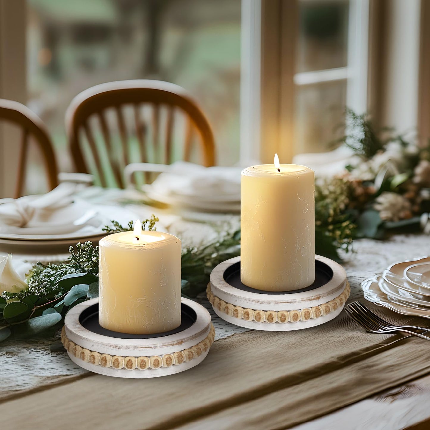 Candle Pedestal for Pillar Candle Set of 2, Rustic Round Beaded Risers Wood Tray, Farmhouse Wood Beaded Trayfor Tiered Tray, Candle, Mug Display Decorative, Table Centerpiece, Antique White