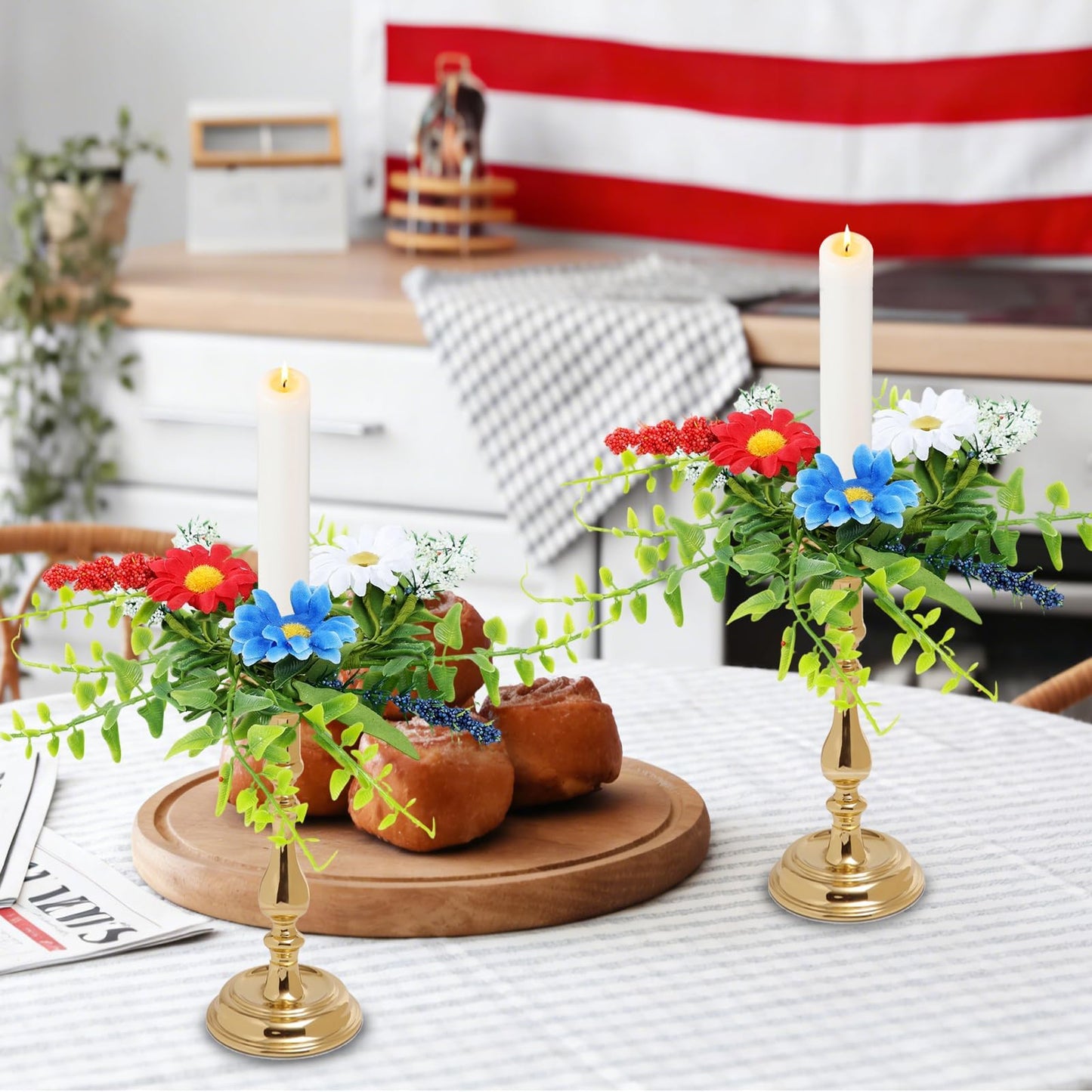 4 PCS Patriotic American Taper Candle Rings Wreaths 1.38" Mini 4th of July Floral Taper Candle Holder with Daisy Artificial Independence Day Table Centerpieces Wreath for Party Home Candlesticks Decor