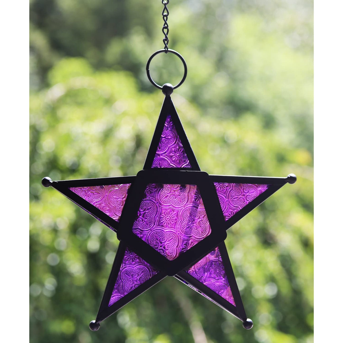 VELA LANTERNS Set of 2 Decorative Hanging Star Candle Lanterns – Moroccan Style Purple Glass & Metal Tealight Holders for Indoor, Outdoor, Patio, and Home Decor