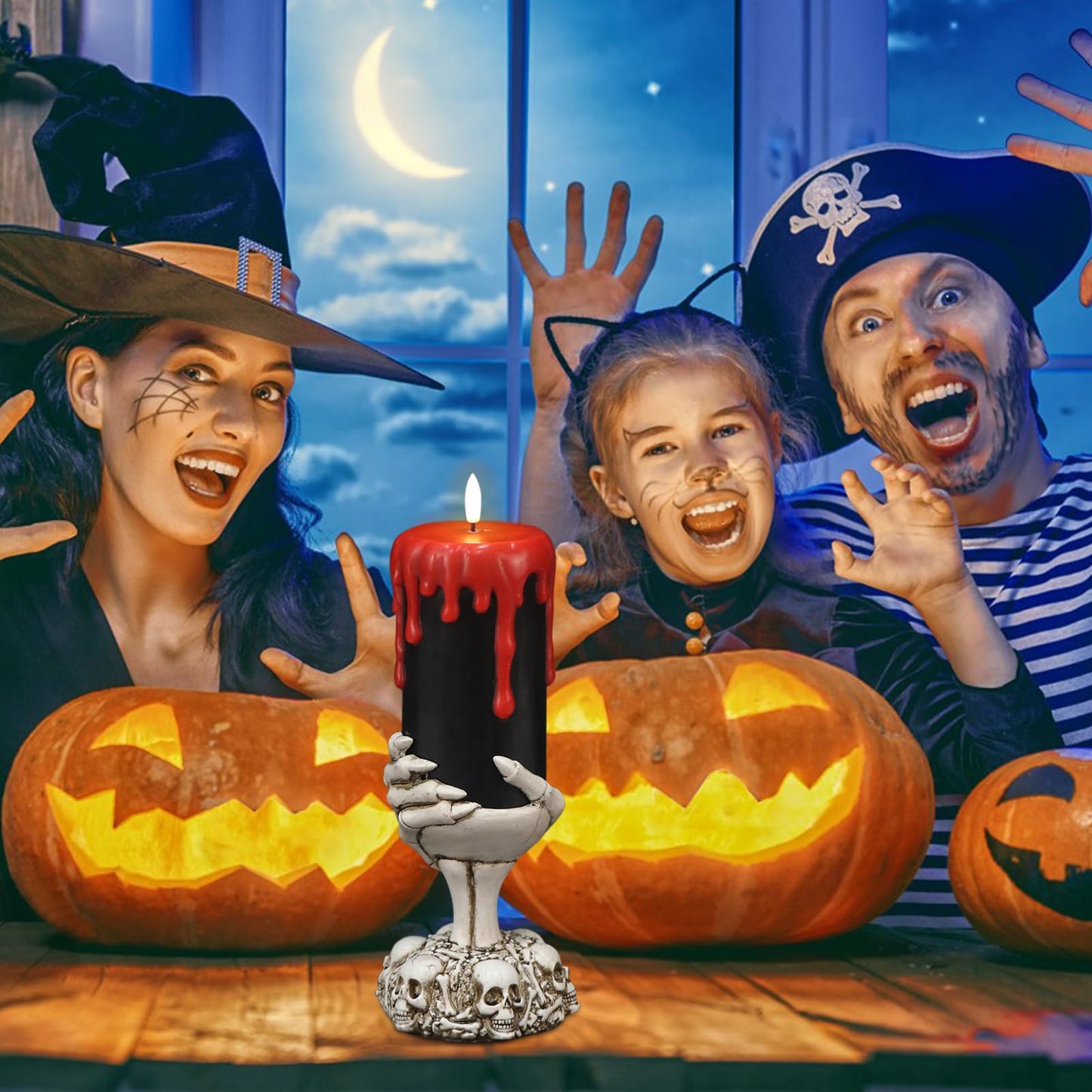 DRomance Black Flameless Flickering Candles with Timer, Blood Dripping Wax Effect Battery Operated LED Pillar Candle with Skeleton Hand Candle Holder Halloween Table Centerpiece Decor(4" x 11")
