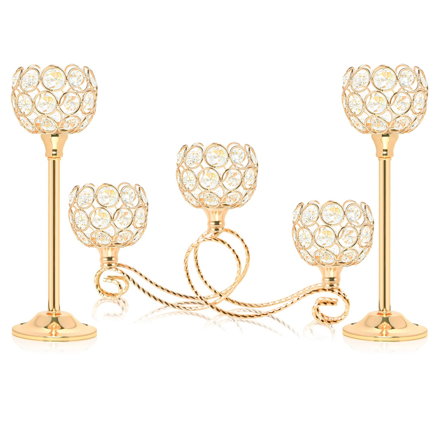 kolnlala Gold 5 Arm Metal Crystal Tea Light Candle Holder, Elegant Wedding Table Centerpiece, Christmas Wishing Bowl Candle Holder