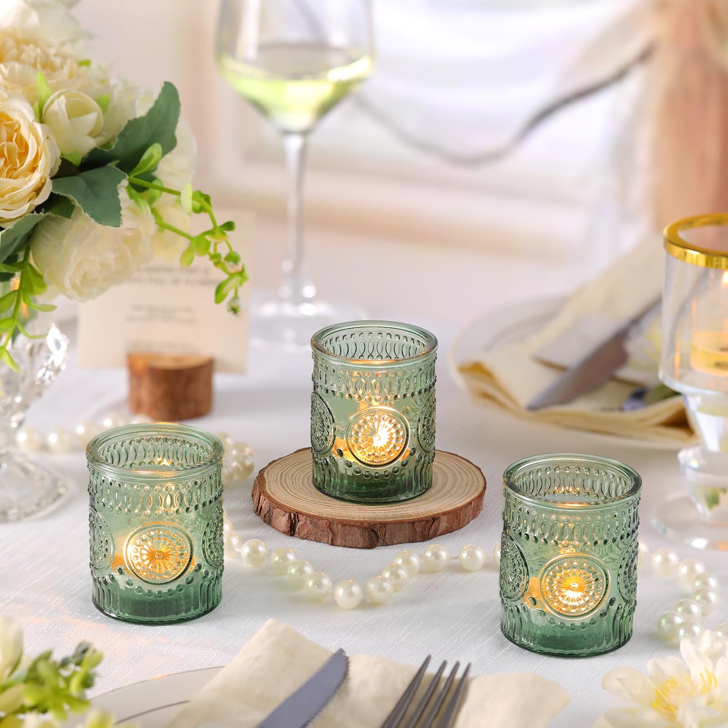 Lanttu 12pcs Green Votive Candle Holders,Glass Tea Lights Candle Holder Bulk for Birthday Parties, Weddings, Table Decorations, Candlelight Dinners
