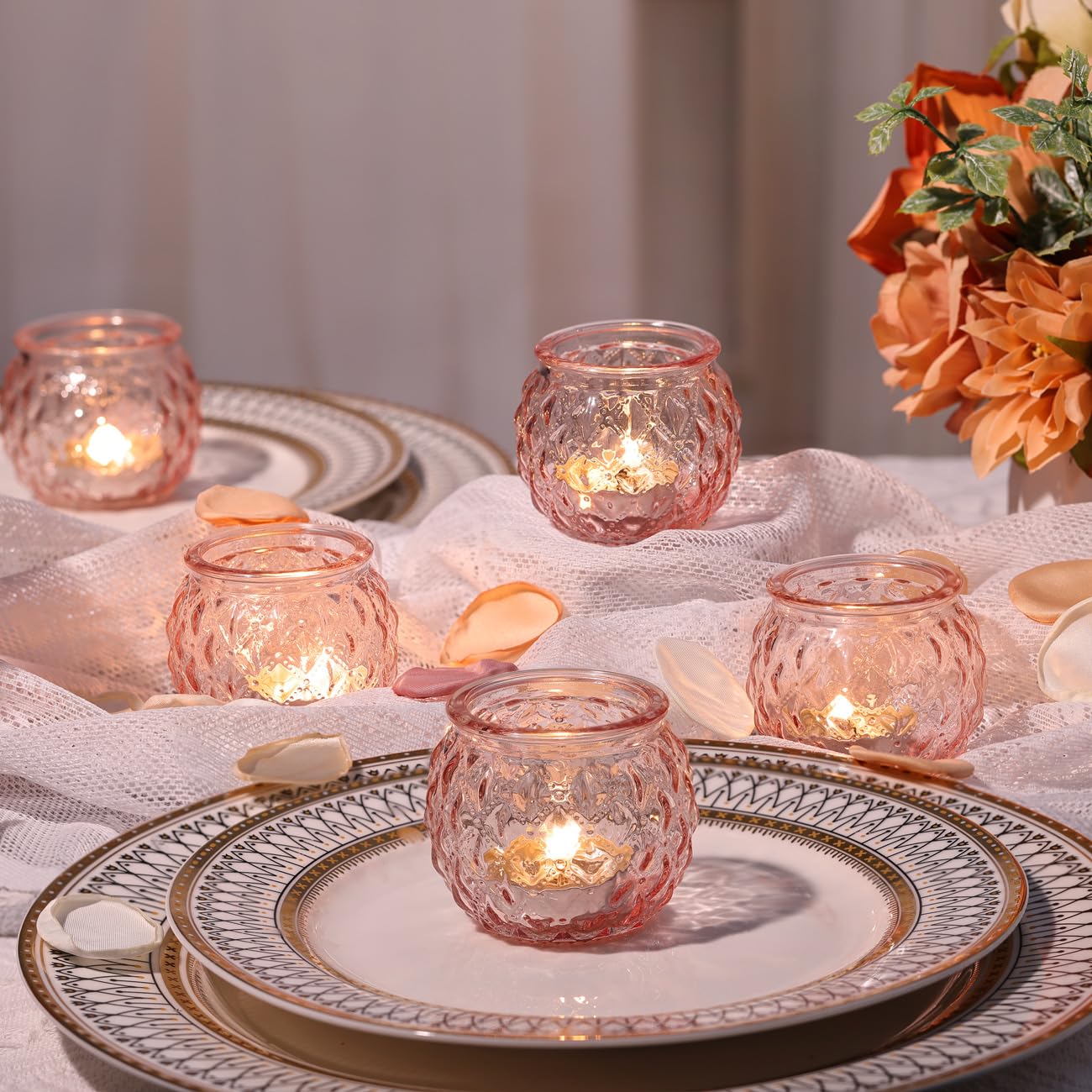 DARJEN Pink Votive Candle Holders Set of 24- Round Glass Candle Holders Bulk for Flameless LED Tea Waxes, Romantic Candle Holder for Wedding & Home Table Decor, Various Parties