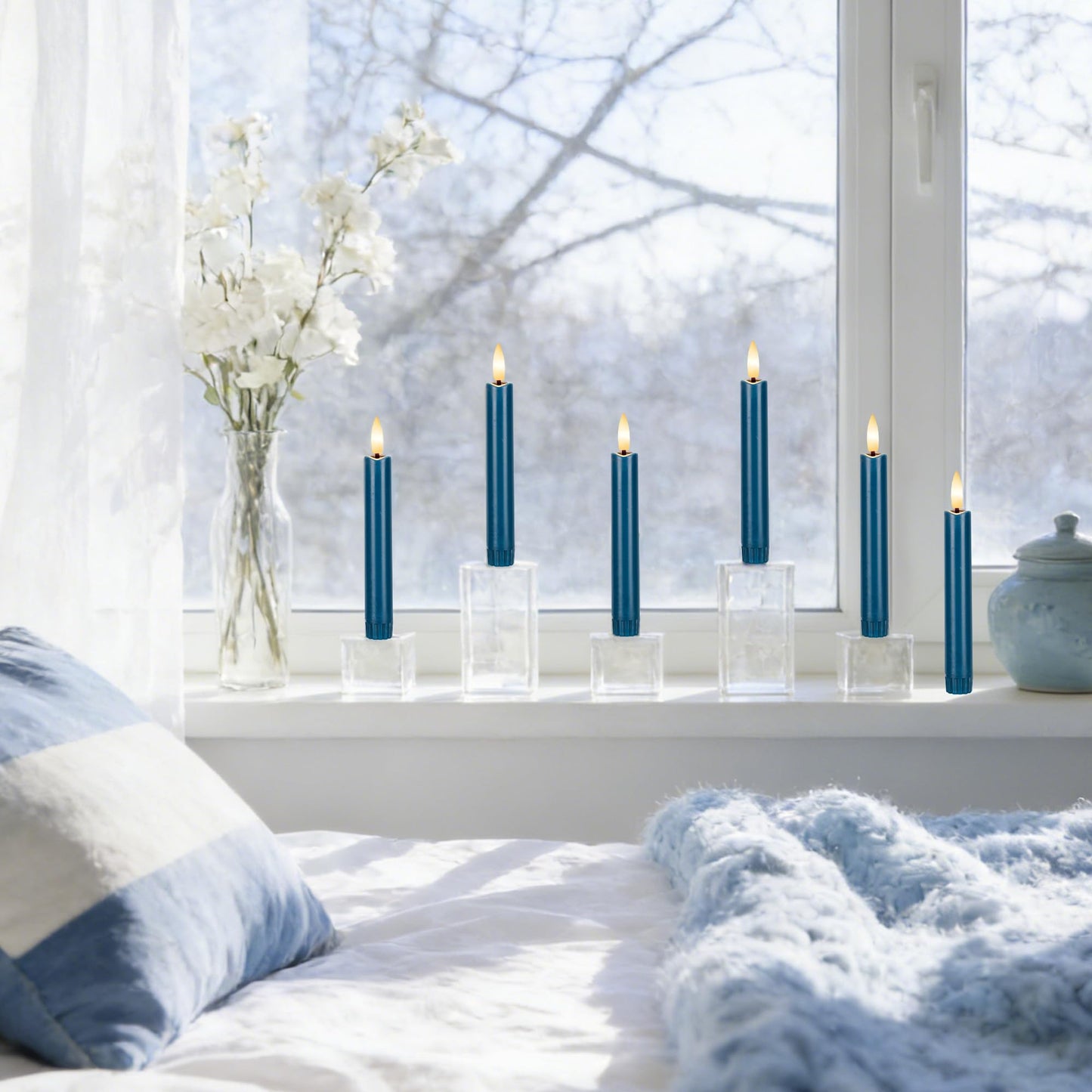 AFINETH Blue Flameless Taper Candles with Remote, Short Battery Operated LED Candles, 6.4inch Flickering Flameless Candlesticks for Table Centerpiece, Wedding, Mantel, Window Decor, Set of 6