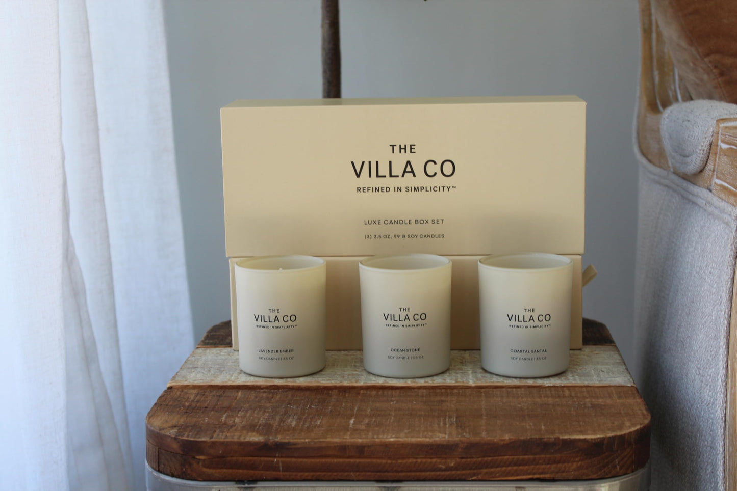 The Villa Co - 3 Candle Luxe Box Gift Set | Ocean Stone | Lavender Ember | Coastal Santal | 3.5oz Each | Poured in The USA |