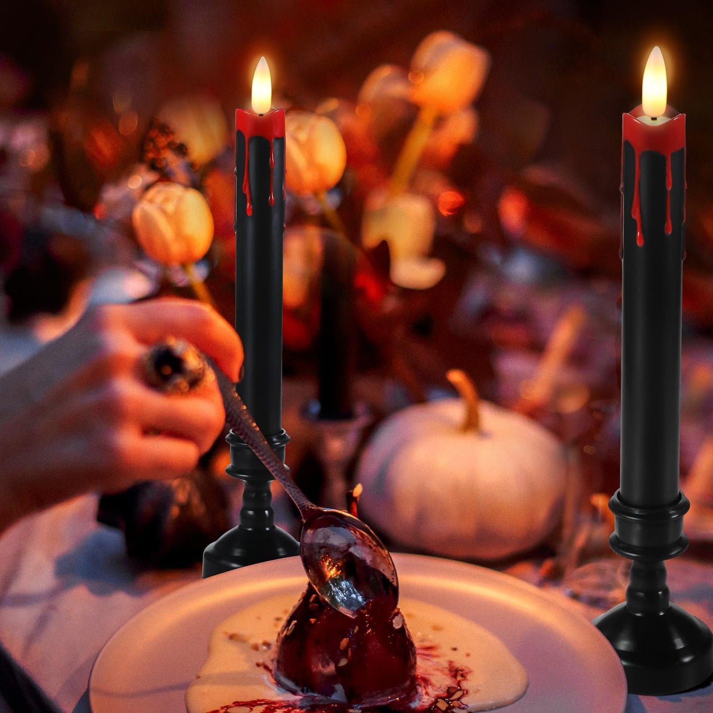 Sratte 12 Sets Halloween Blood Dripping Candle Holder Decoration LED Flameless Candlestick with Remote Battery Operate Vampire Tears Spooky Scary Creepy Decor for Indoor Home(Black Holder)