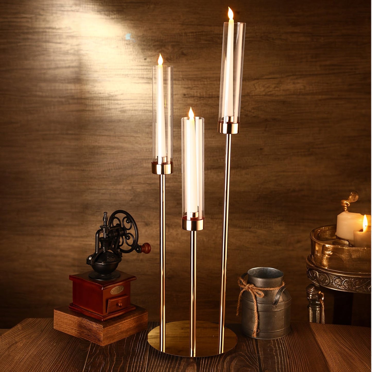 Layhit 6 Set Wedding Gold Candelabra Centerpieces for Tables, 3 Arm Tall Acrylic Candle Holder Centerpiece with Clear Shades for Reception, Party, Dining Decor, Anniversary, Fits 0.87" LED Candles