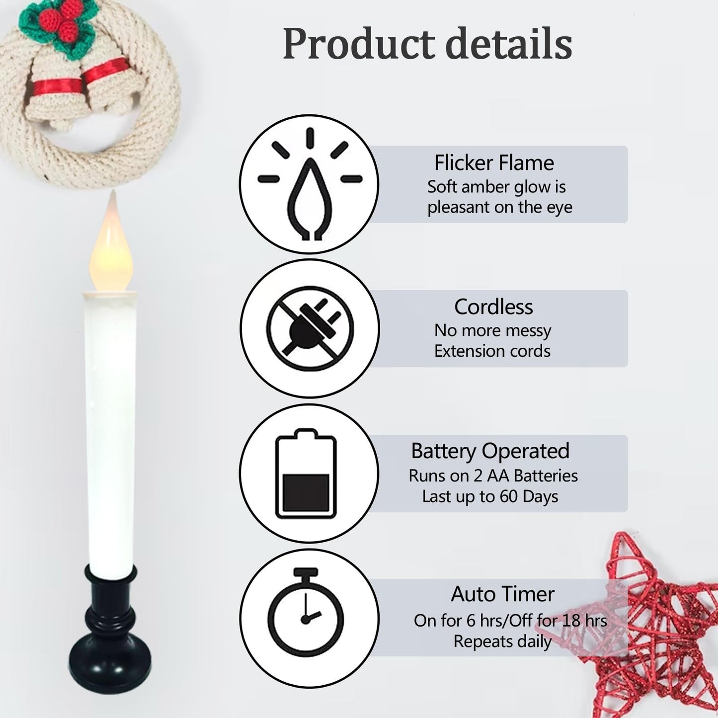 brianvikey Christmas Window Candle Light, Black Base, Battery Powered Candle 9 "Flashing LED Light, Automatic Timer (6 Turn 18 Hour Timer), Window Table Party Decoration