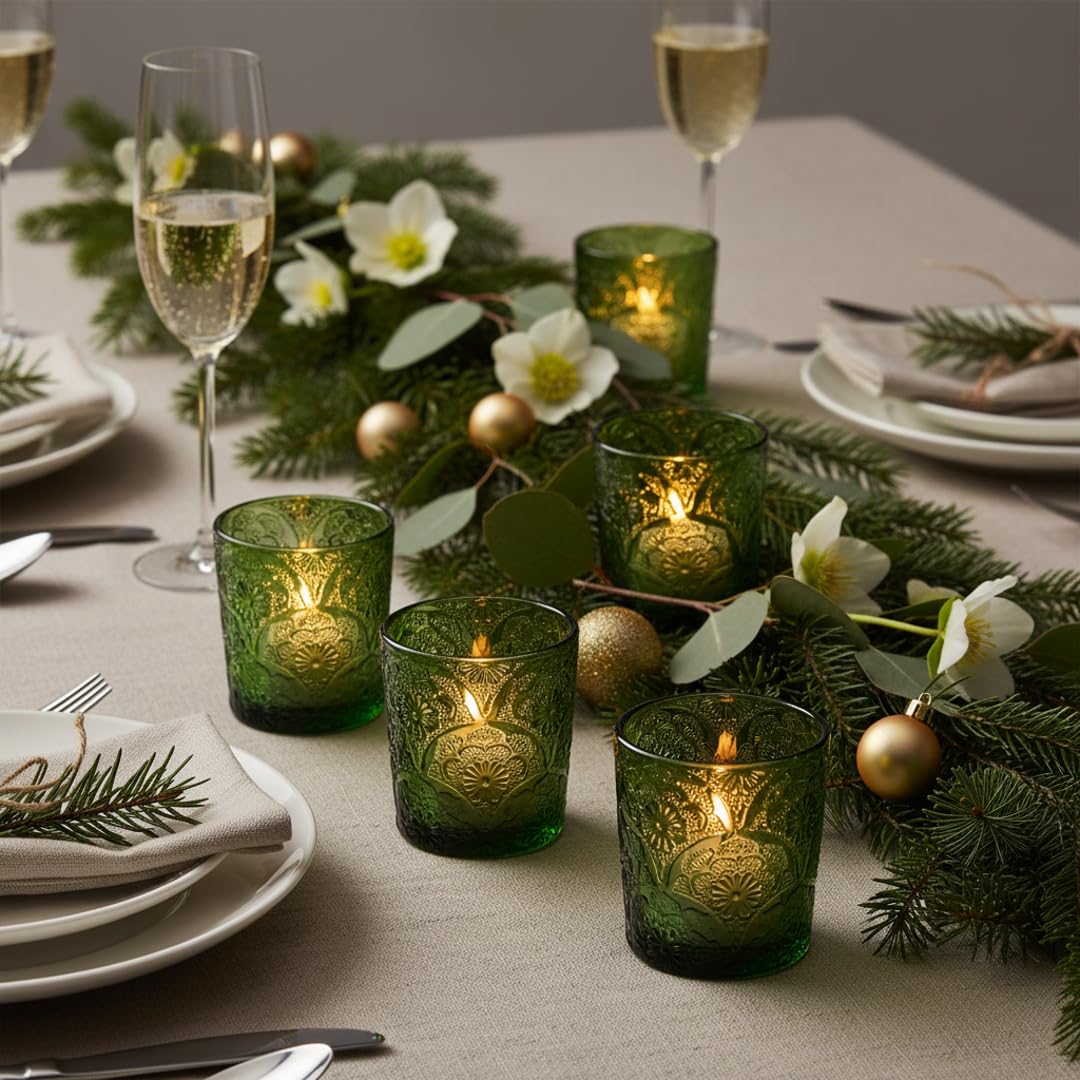 6 Pack Mandala Embossed Glass Candle Holders – Votive Tealight Holders with Patent Design, Decorative Embossed Glass Cups for Wedding Centerpieces, Parties, and Home Décor (Moss Green)