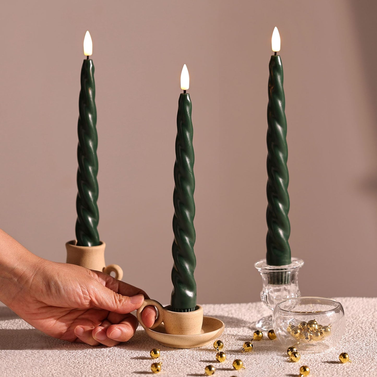 Girimax Dark Green Spiral Flameless Taper Candles with Remote, Flickering LED Wax Candlesticks Battery Operated Home Wedding Decor Set of 6