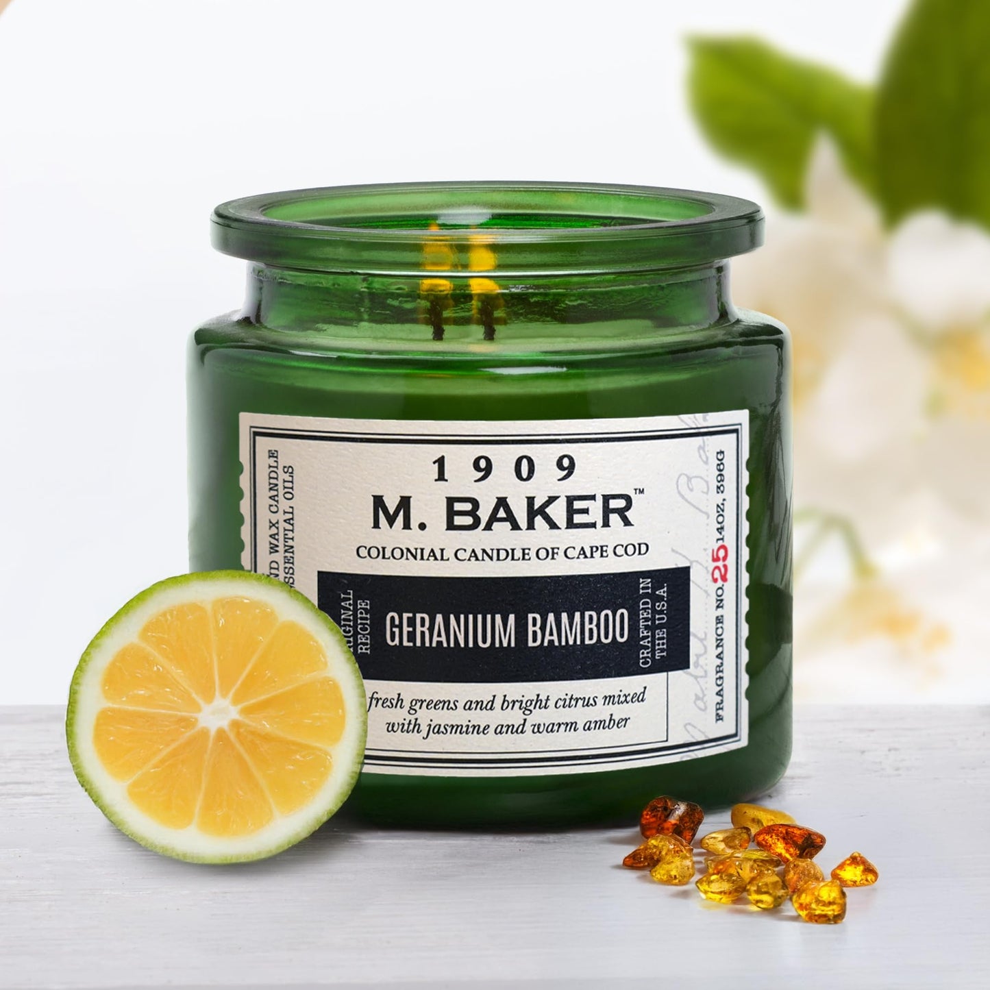 Colonial Candle Geranium Bamboo Scented Candle, 2-Wick Natural Soy Blend Wax Candle Infused with Essential Oils, 14 oz Apothecary Glass Jar Candle - Made in The USA