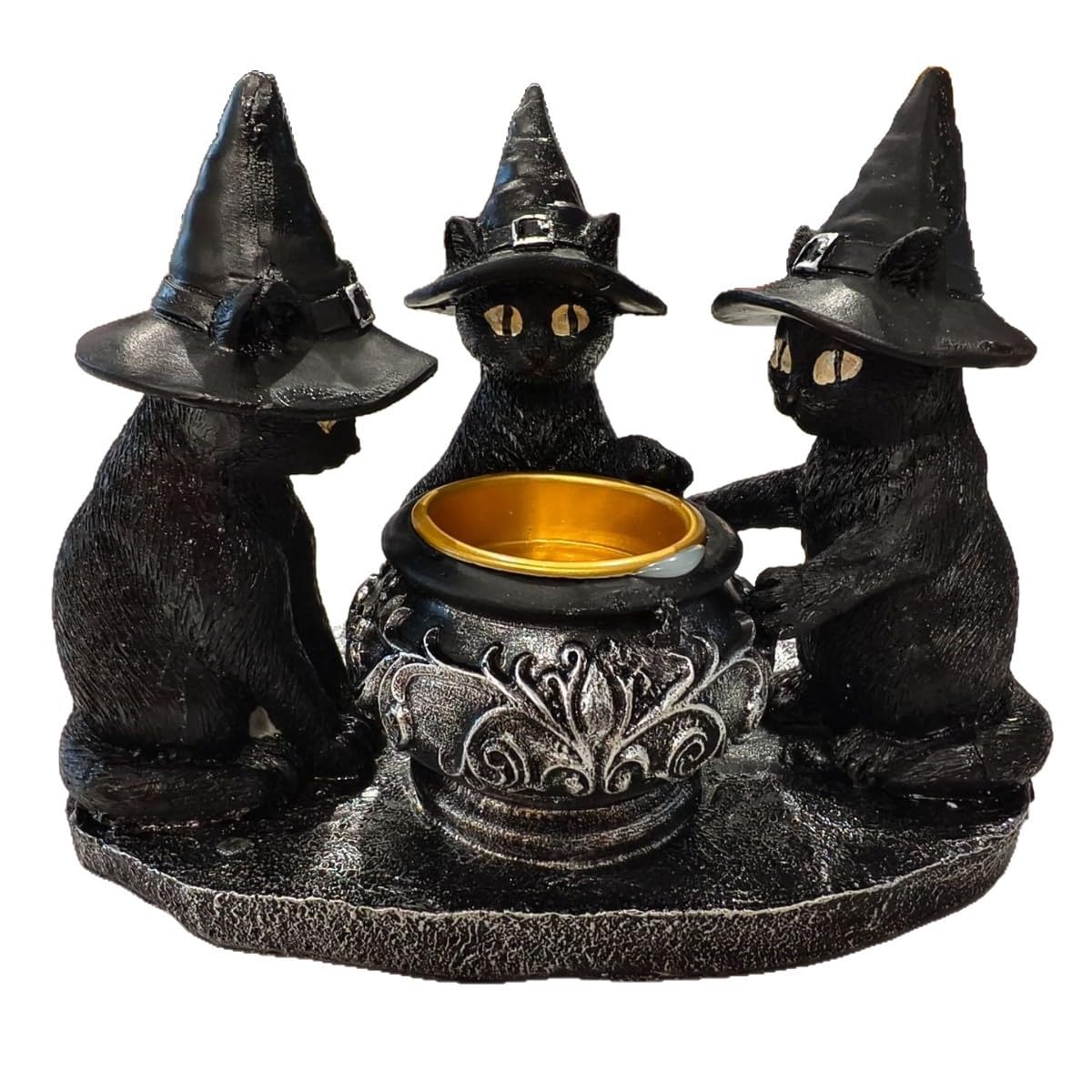 Semeid Halloween 3pcs Witch Cat Statue Candle Holder,Resin Black Cat Figurine Candlestick Holder Decor,Creative Hallowen Party Craft(Not Included Candle)
