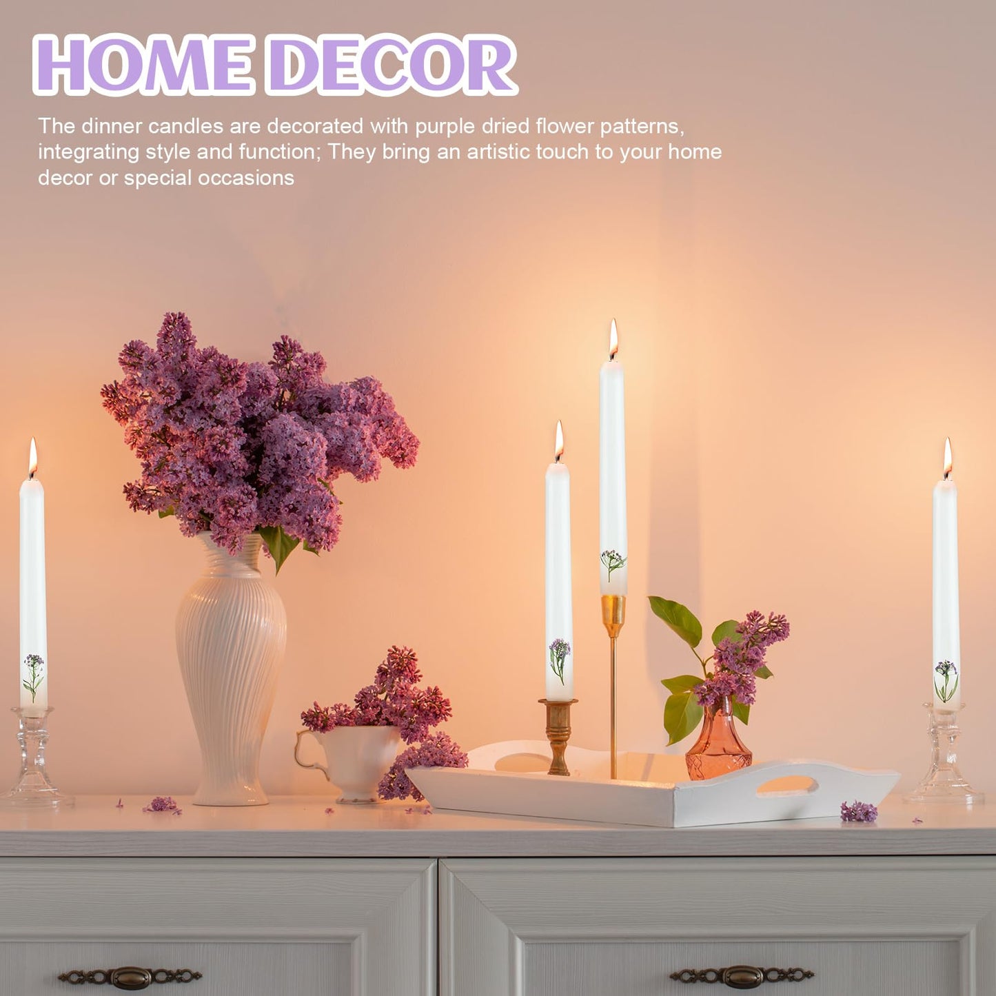 Threlaco 4 Pcs Flower Taper Candles Real Dried Pressed Purple Tapered Plants Candlesticks Unscented 7.8 Inch White Pastel Taper Candles for Baptismal Wedding Bridal Shower Party(4 Pcs,Dried Flower)
