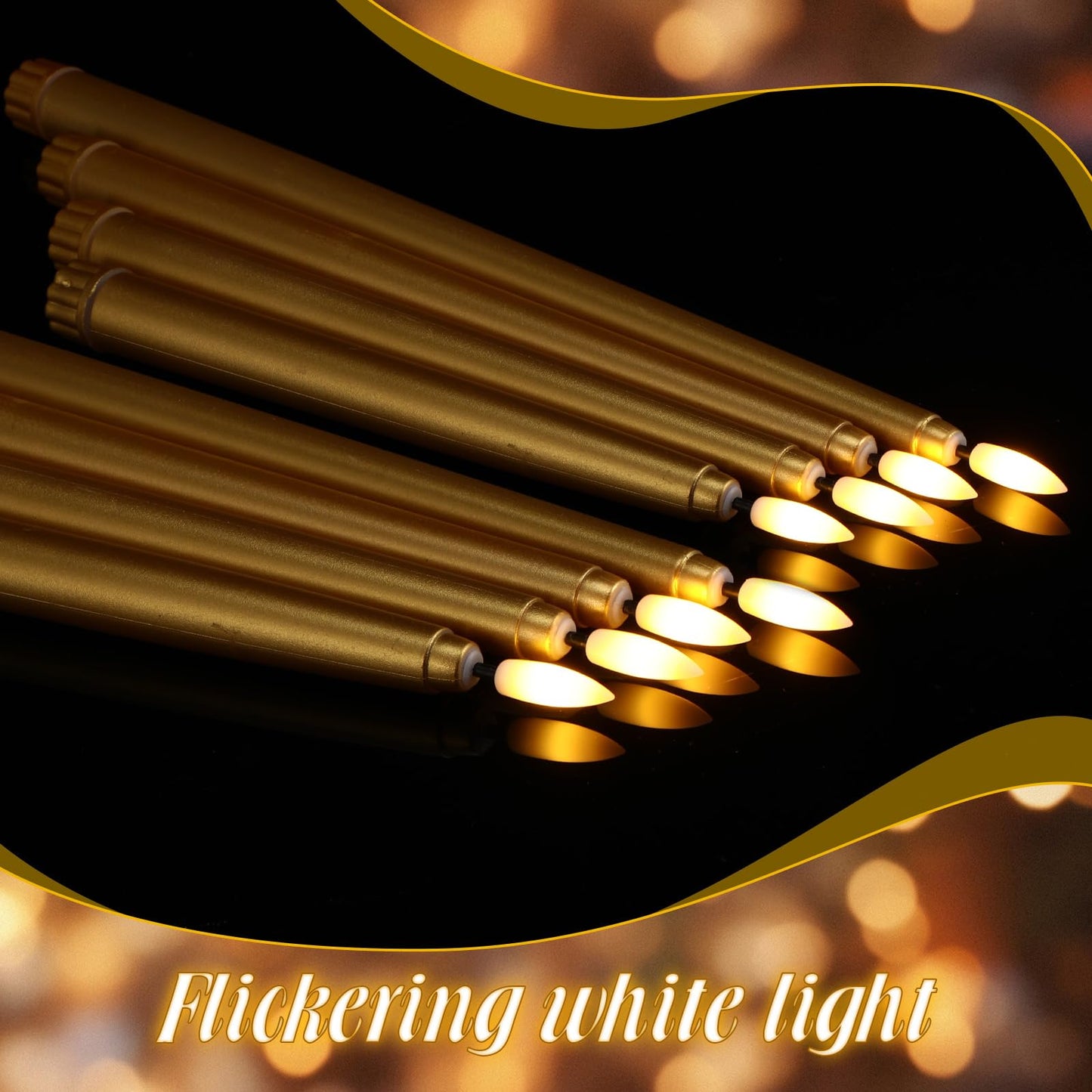 Rossesay 64 Pcs Wedding Flameless LED Taper Candles Battery Operated Candles 4 Sizes of 8.5'', 9.65'', 10.83'', 12.8'' Candlesticks Flickering for Halloween Christmas Church Wedding(Gold)