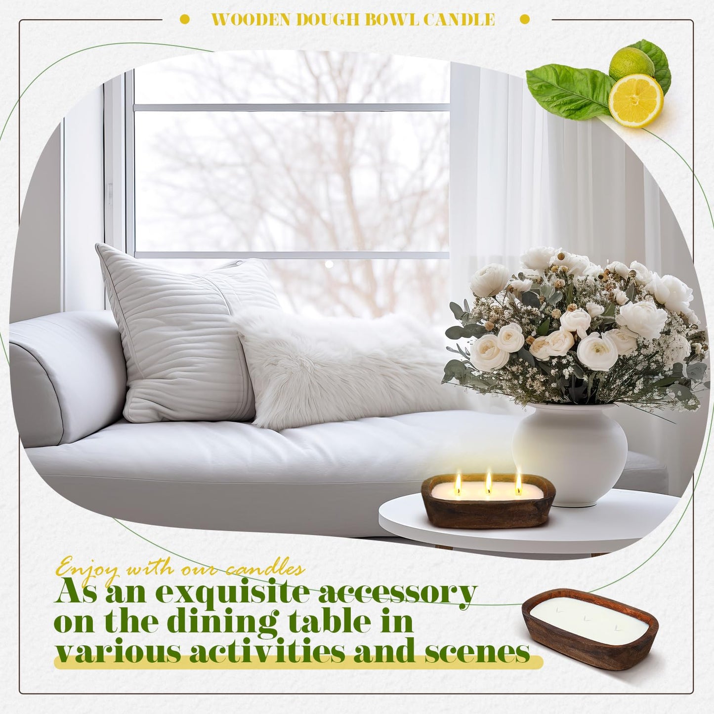 Threlaco 1 Pack 10 Inch Wood Dough Bowl Candles Home Rustic Dough Bowl Soy Candle 3 Wick Scented Candles Gifts for Men Women Farmhouse Table Centerpiece Home Decor for Christmas(Lemon Basil & Citrus)