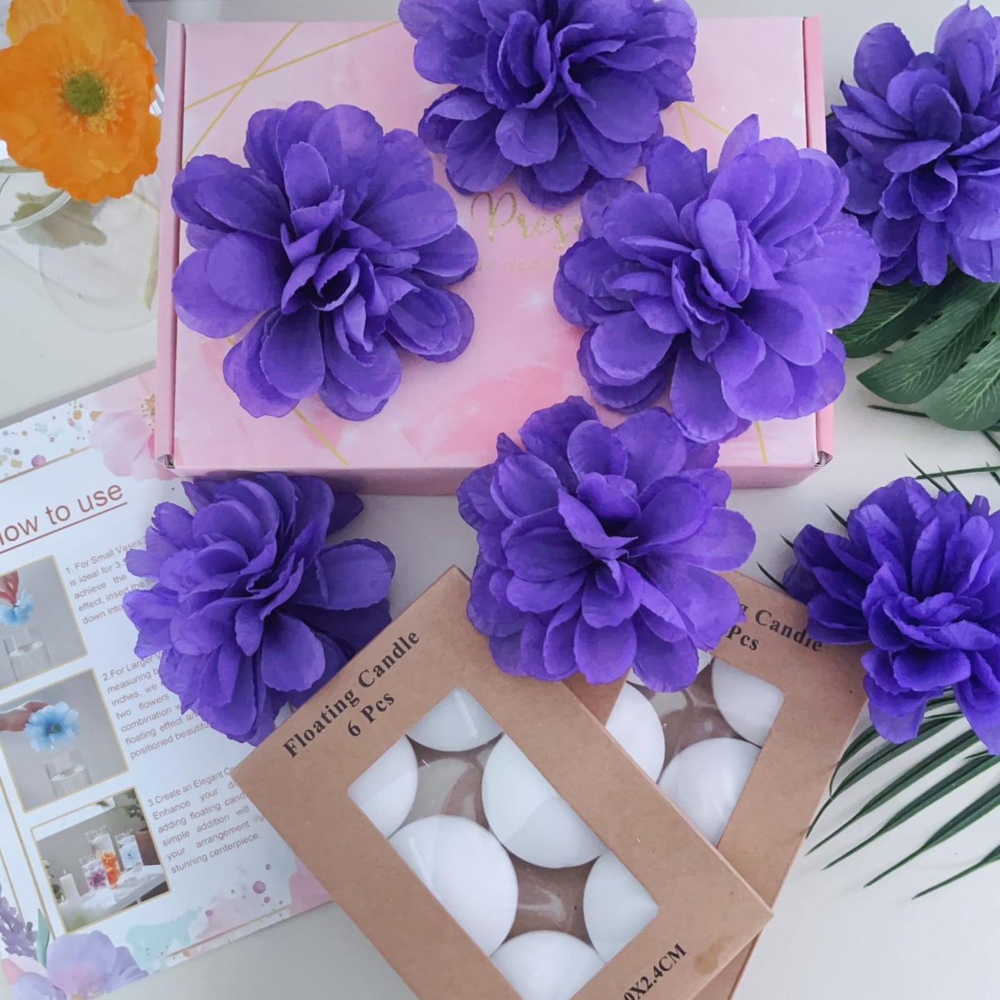 ZJGXH 24 Pcs Floating Candles for Centerpieces and Floating Flowers Vase Fillers for Centerpieces Artificial Purple Flowers for Wedding Table Party Home Decoration