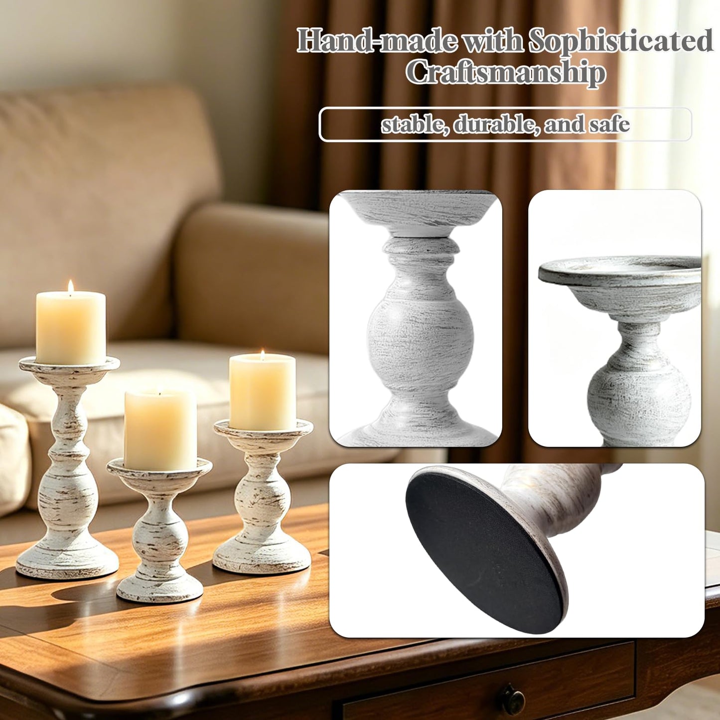 cachiv Pillar Candle Holders Set of 3, Antique Metal Candle Stands Distressed Candle Holders for Weddings Events Home Decor (White)
