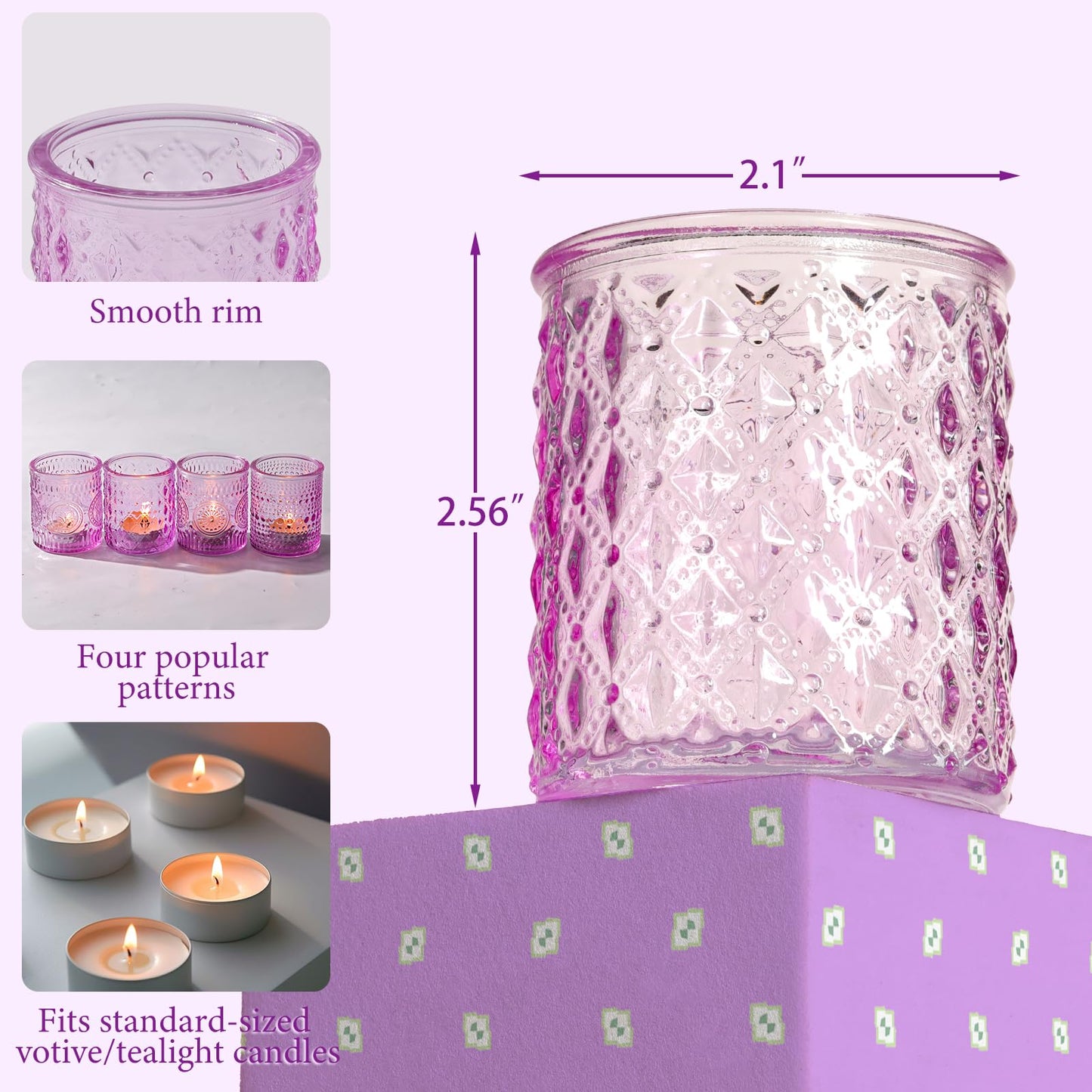 LETINE 16 Pack Purple Votive Candle Holders for Tea Lights Candles, Assorted Glass Candle Holder Bulk Set with 4 Patterns for Home Decor, Parties & Spring Summer Wedding Centerpieces