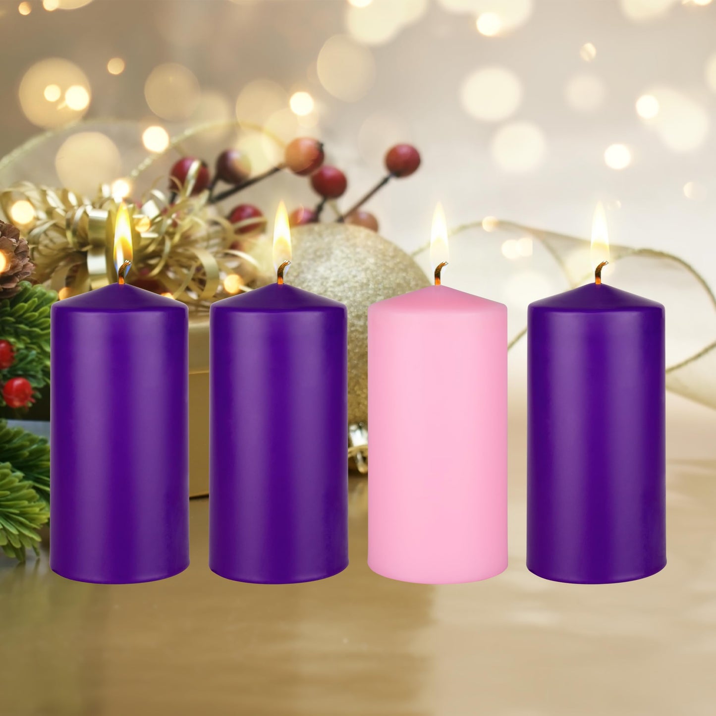 Mega Candles 4 pcs Unscented Christmas Advent Candles Set, Hand Poured Premium Wax Dome Top Round Pillar Candle 3 Inch x 6 Inch, Holidays, Festivities, Devotional, Church, Wreath, Party, Gifts