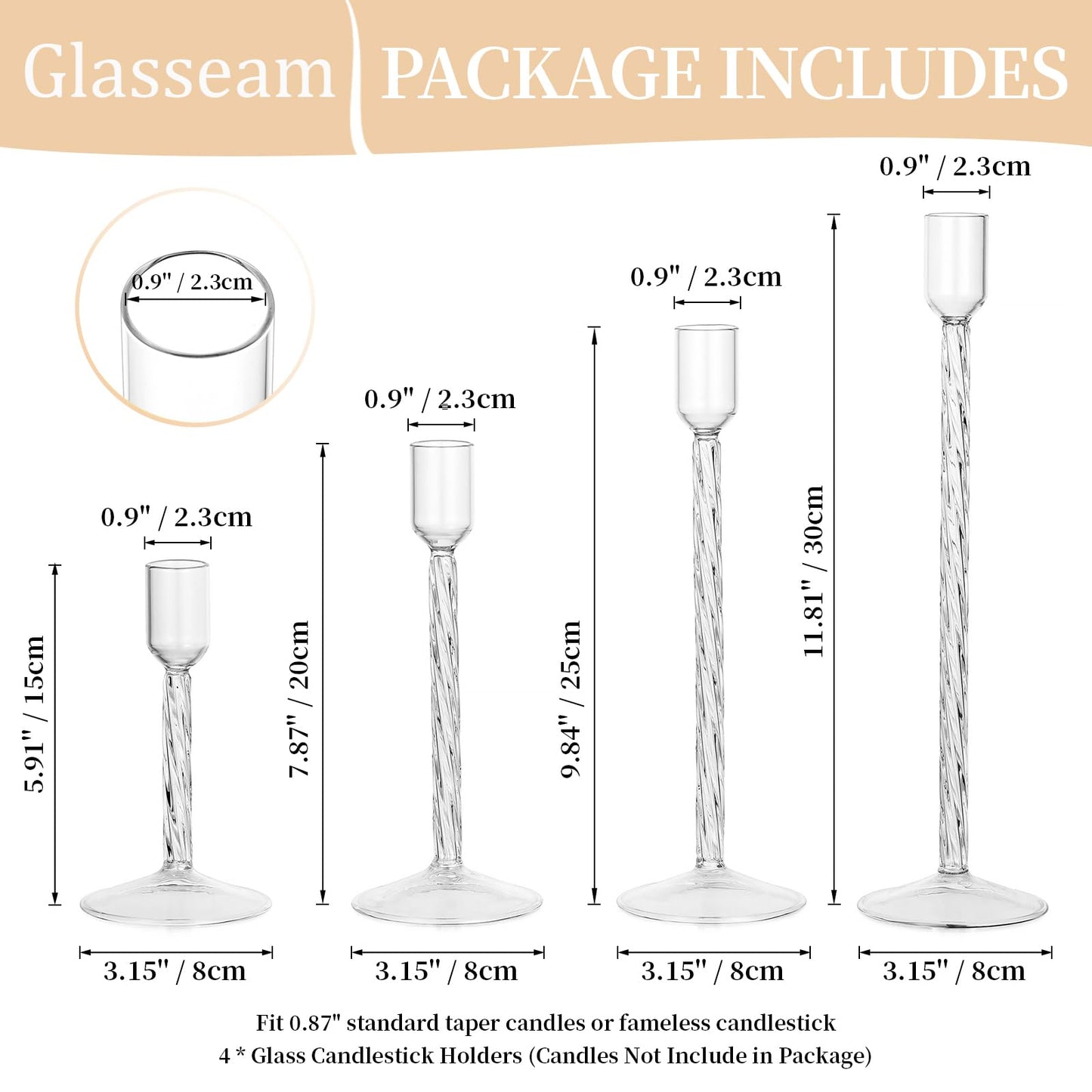 Glasseam Glass Candlestick Holders Clear: Taper Candle Holders Set of 4 Tall Candle Stick Candle Holder for Tapered Candles Decorative Candle Holders for Table Centerpiece Wedding Christmas Home Decor
