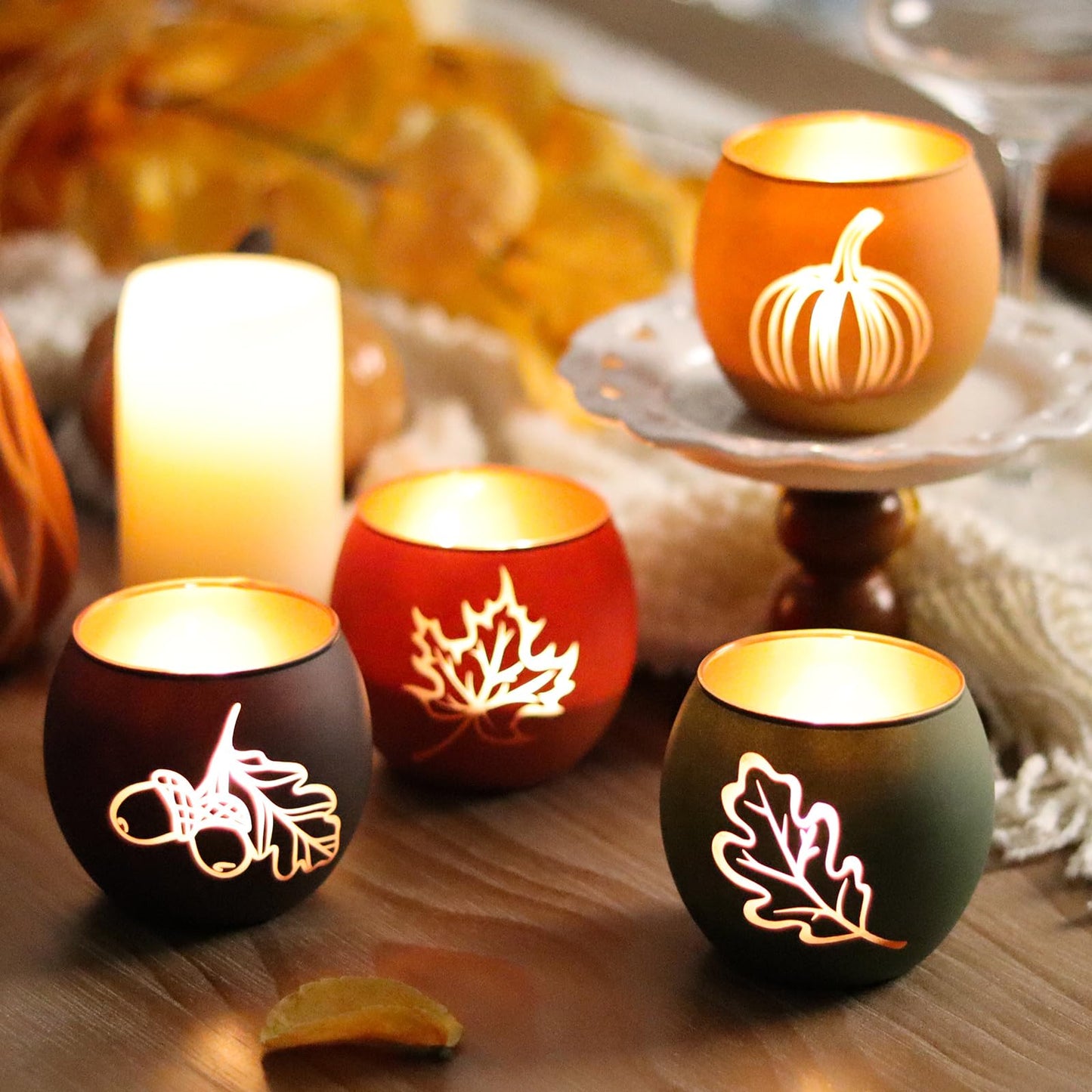 Fall Candle Holders Set of 4, Glass Tealight Votive Holders, Indoor Outdoor Thanksgiving Table Decor with Laser-Etched Maple Leaf and Pumpkin Design, Autumn Party Wedding Table Centerpieces (Brown)