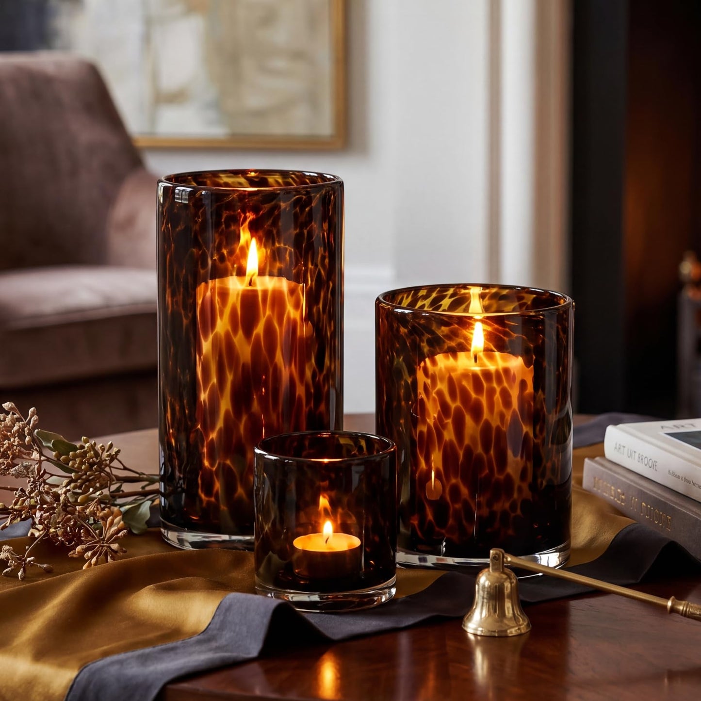 Potchen Set of 3 Tortoise Shell Glass Candle Holder Vase Set 3/4/5" Tealight Pillar Candle Holder Leopard Print Tortoiseshell Cheetah Animal Print for Table Decoration Centerpieces Home Dining Party