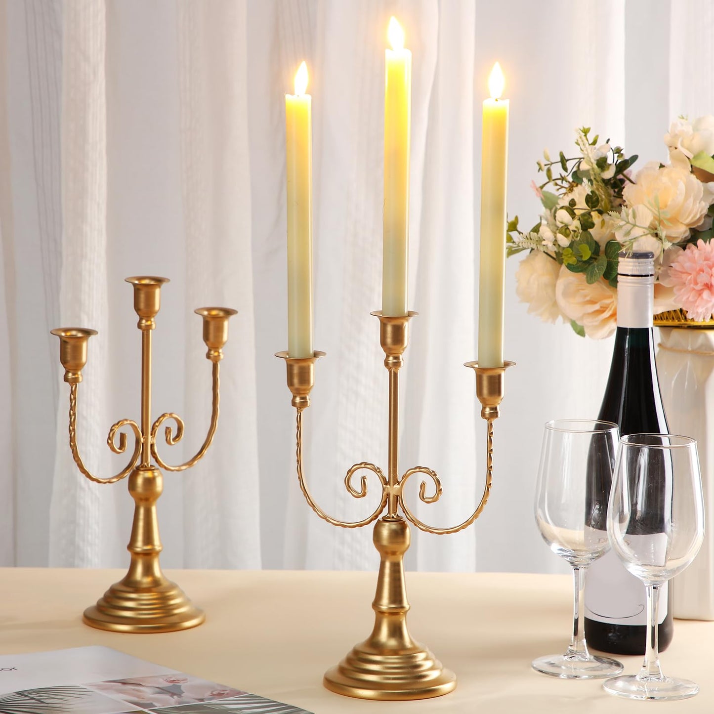 Hushee 6 Pcs Gold Candelabra Candle Stand Metal Candlestick Holder 3 Arm 12 Wedding Candlestick Holder for Theme Party Table Centerpieces Wedding Holiday Birthday Party