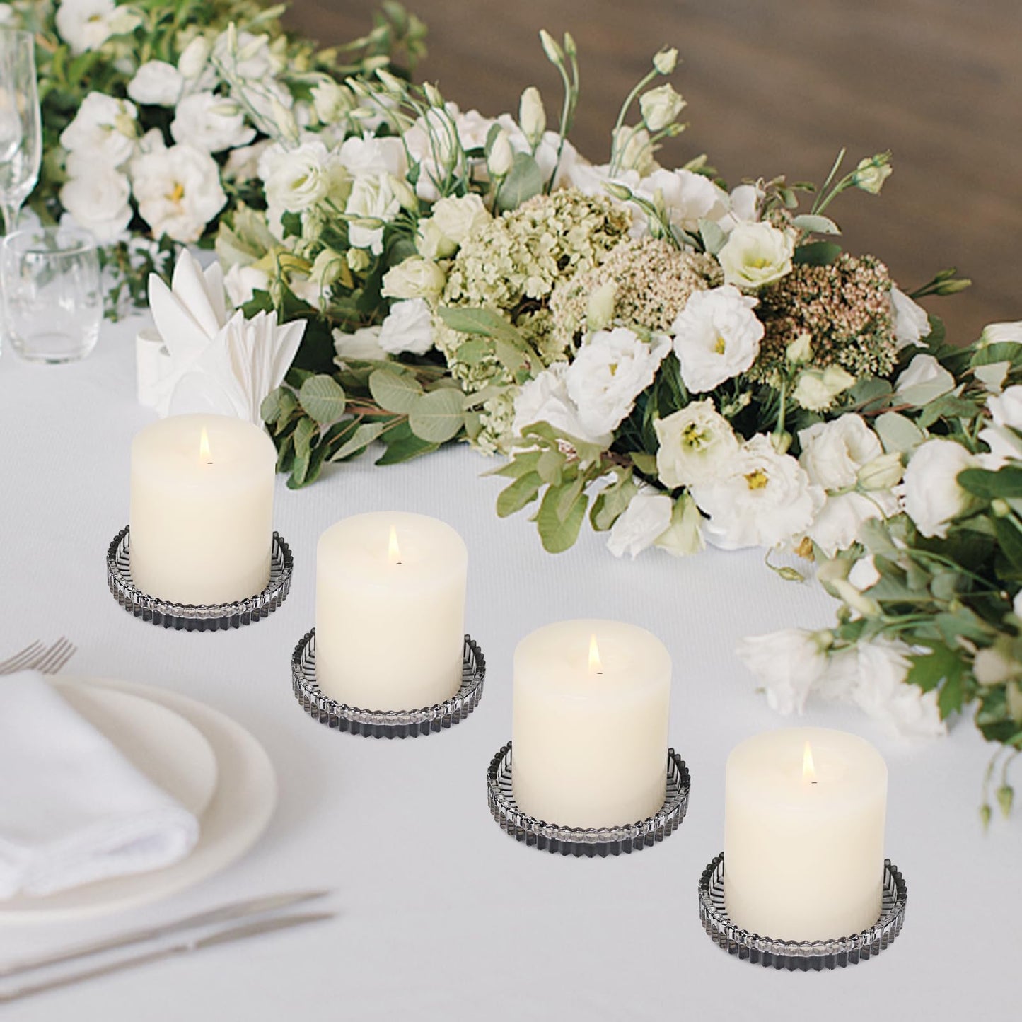CHOCSTAY Glass Pillar Candle Holder, 4" Gray Candle Plates Set of 3, Glass Candle Holders for Wedding, Party, Holiday, Home Decor, Table Centerpiece