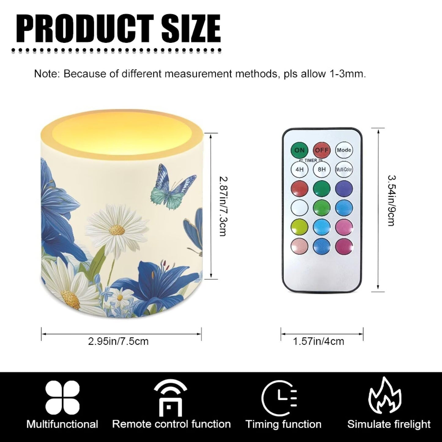 Cozeyat Blue Floral LED Flameless Candles Set of 4 Battery Powered with Remote Timer Flickering Flame Waterproof for Indoor Outdoor Home Decor
